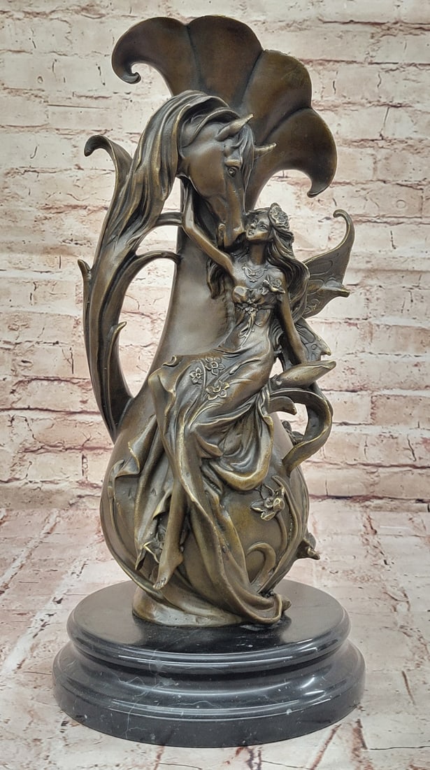 Original Bronze Vase with Fairy and Unicorn by Kassin - Classic Home Mantle Decor: Condition: This sculpture is in perfect condition Bronze Dimensions with Marble Base: Height 17.5" X Width 8" Marble Dimensions: Diameter 8" Height without base:15.5" Weight:22 LBS Inventory:63YRD1356