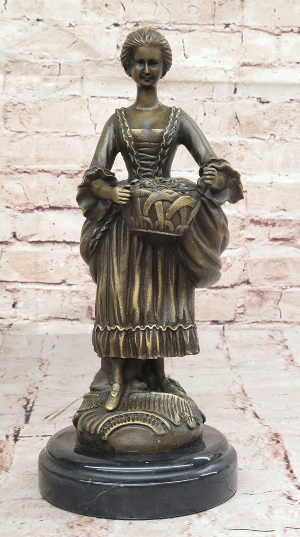 Signed Milo Bronze Sculpture - Victorian Lady with Fruit Basket Classic Decor: Condition: This sculpture is in perfect condition. Bronze Dimensions with Marble Base: Height 11" X Width 4.5" Marble Dimensions: Diameter 4.5" Height without base:10" Weight:7 LBS Inventory:14YRM1484
