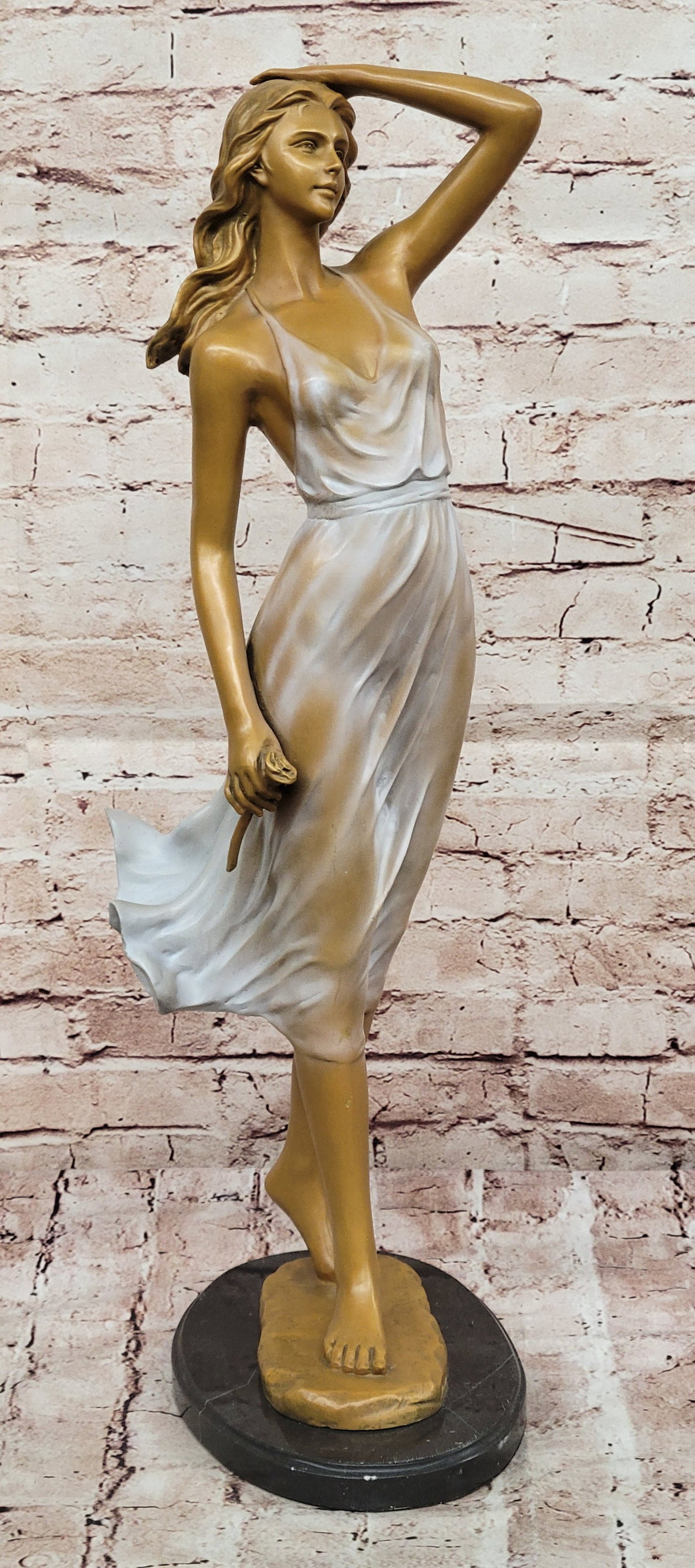 Graceful Lady Holding a Rose Bronze Sculpture ? Luxury Art Collectible Female Statue: Condition: This sculpture is in perfect condition. Bronze Dimensions with Marble Base: Height 25" x Width 11" Marble Dimensions: Diameter 11" Height without base:24" Weigh:19 LBS Inventory:61GTM803S29