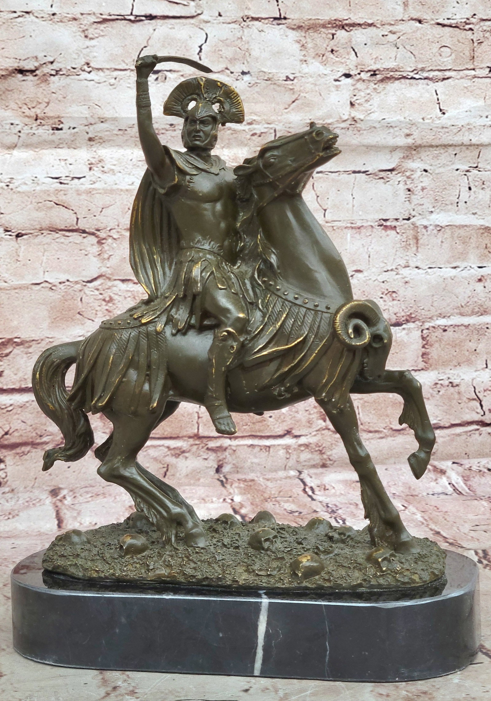 Museum Quality Bronze Roman Soldier on Horse Statue Sculpture with Sword Signed Kamiko Art: Condition: This sculpture is in perfect condition. Bronze Dimensions with Marble Base: Height 11" x Width 9" Marble Dimensions: Diameter 9" Height without base:10" Weight:11 LBS Inventory:54GTS2727845