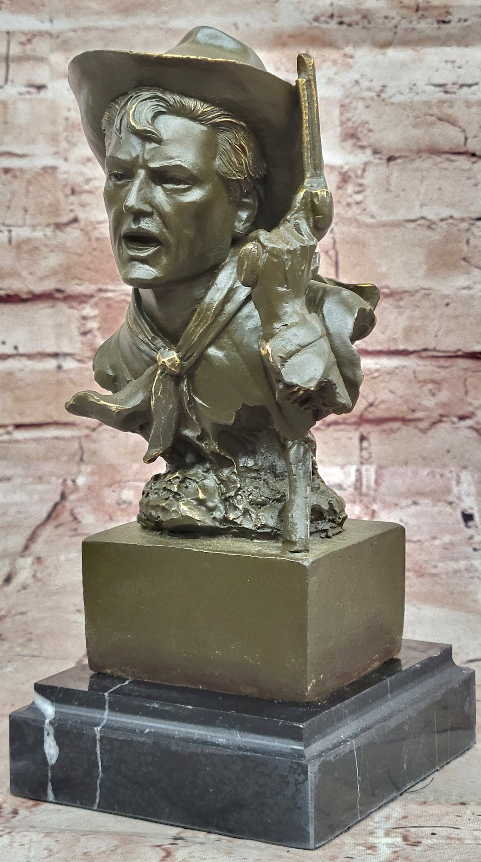 Hand Made Cowboy with Revolver Bronze Statue Sculpture Kamiko Bust Home Office Decor Figure: Condition: This sculpture is in perfect condition. Bronze Dimensions with Marble Base: Height 10" X Width 5" Marble Dimensions: Diameter:5" X 4.5" Height without base:9" Weight:6 LBS Inventory:94GTS53