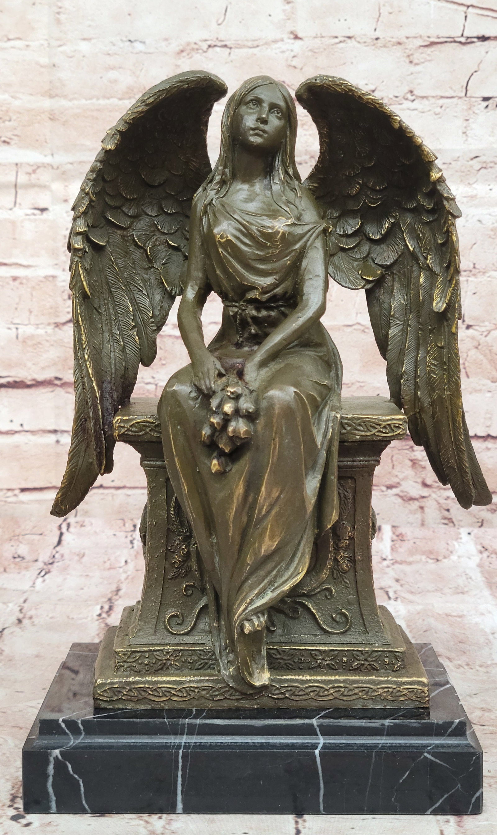 Bronze Angel Statue by Moreau Sculpture Sitting on Headstone with Flower Collectible Figurine: Condition: This sculpture is in perfect condition. Bronze Dimensions with Marble Base: Height 11.5" x Width 8" Marble Dimensions:7" X 5" Height without base:10.5" Weight:11 LBS Inventory:42GTS8178724 