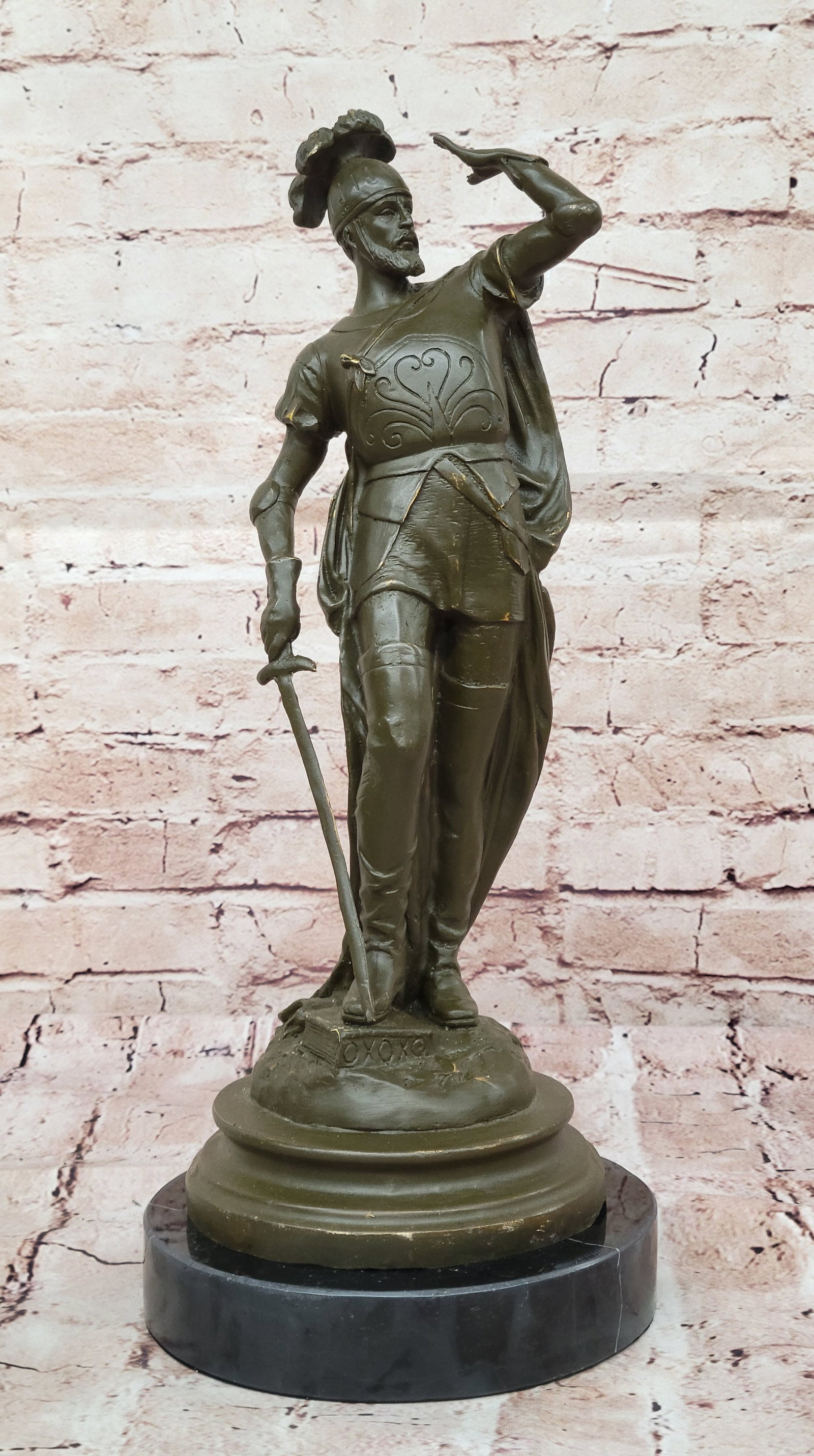 Bronze Statue of Sword-Wielding Spanish Soldier Sculpture Signed by E. Drouot Collectible Art: Condition: This sculpture is in perfect condition Bronze Dimensions with Marble Base: Height 17" X Width 8" Marble Dimensions: Diameter 7" Height without base:16" Weight:12LBS Inventory:42GT0218824 Th