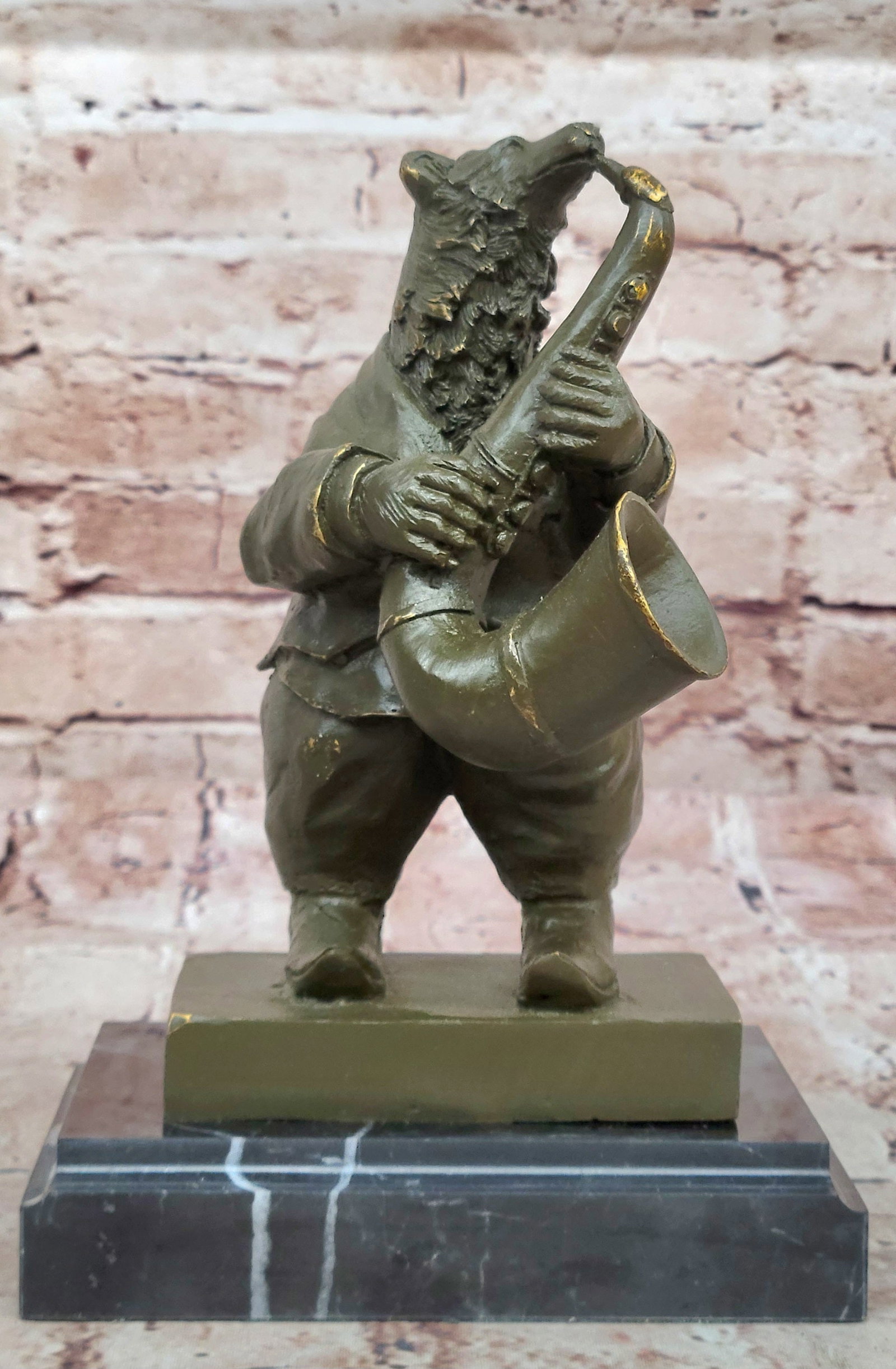 Handcrafted Bronze Bear Musician Statue by Williams Playing Saxophone Animal Sculpture Art: Condition: This sculpture is in perfect condition. Bronze Dimensions with Marble Base: Height 8.5" X Width 5.5" Marble Dimensions:5.5" X 4" Height without base:7.5" Weight:6 LBS Inventory:29GTS7135292