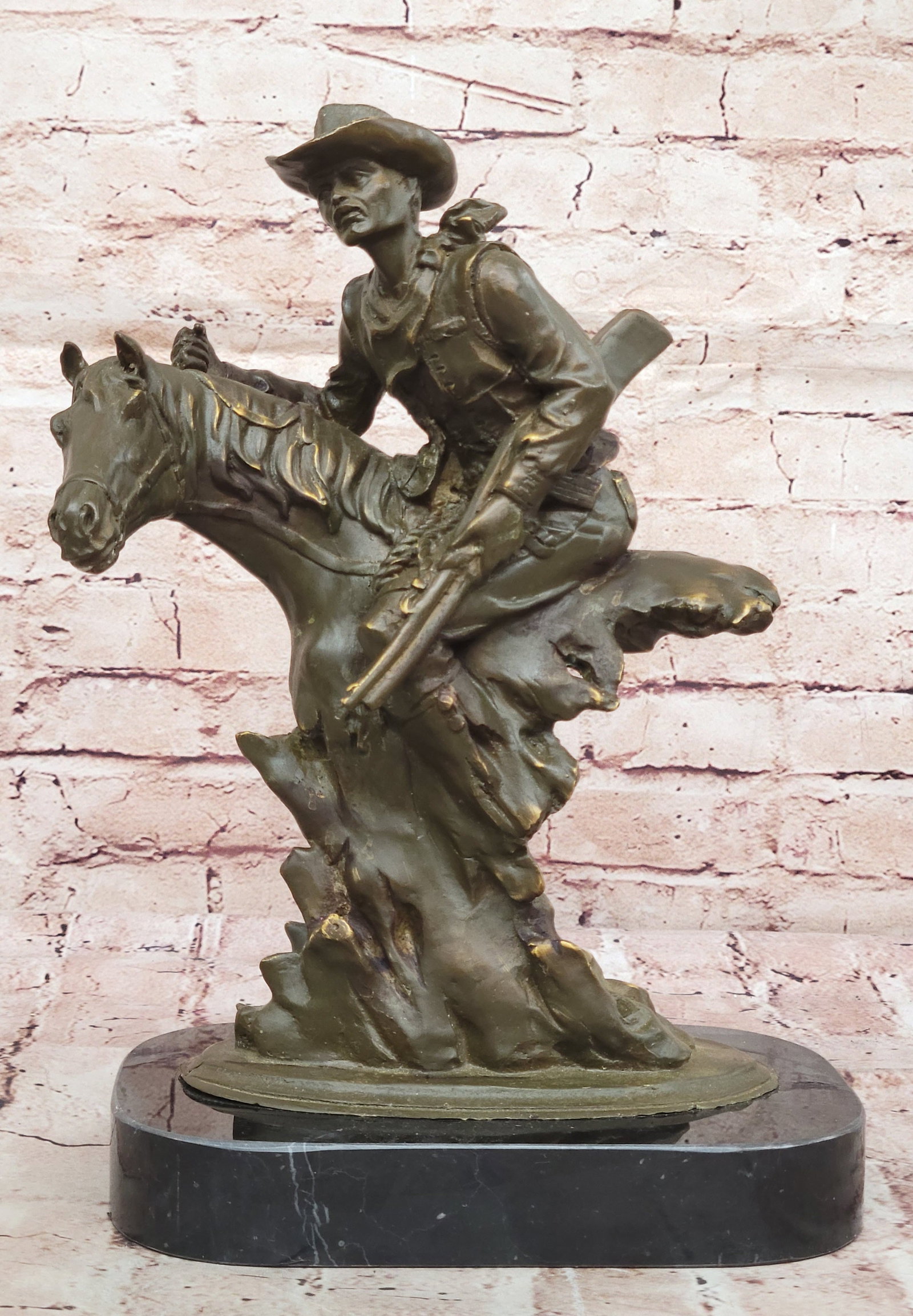 Bronze Cowboy Riding Horse with Gun Statue Sculpture Classic Western Decor Figurine: Condition: This sculpture is in perfect condition. Bronze Dimensions with Marble Base: Height 13.5" X Width 9" Marble Dimensions: Diameter 9" Height without base:12.5" Weight:15 LBS Inventory:32GTS069