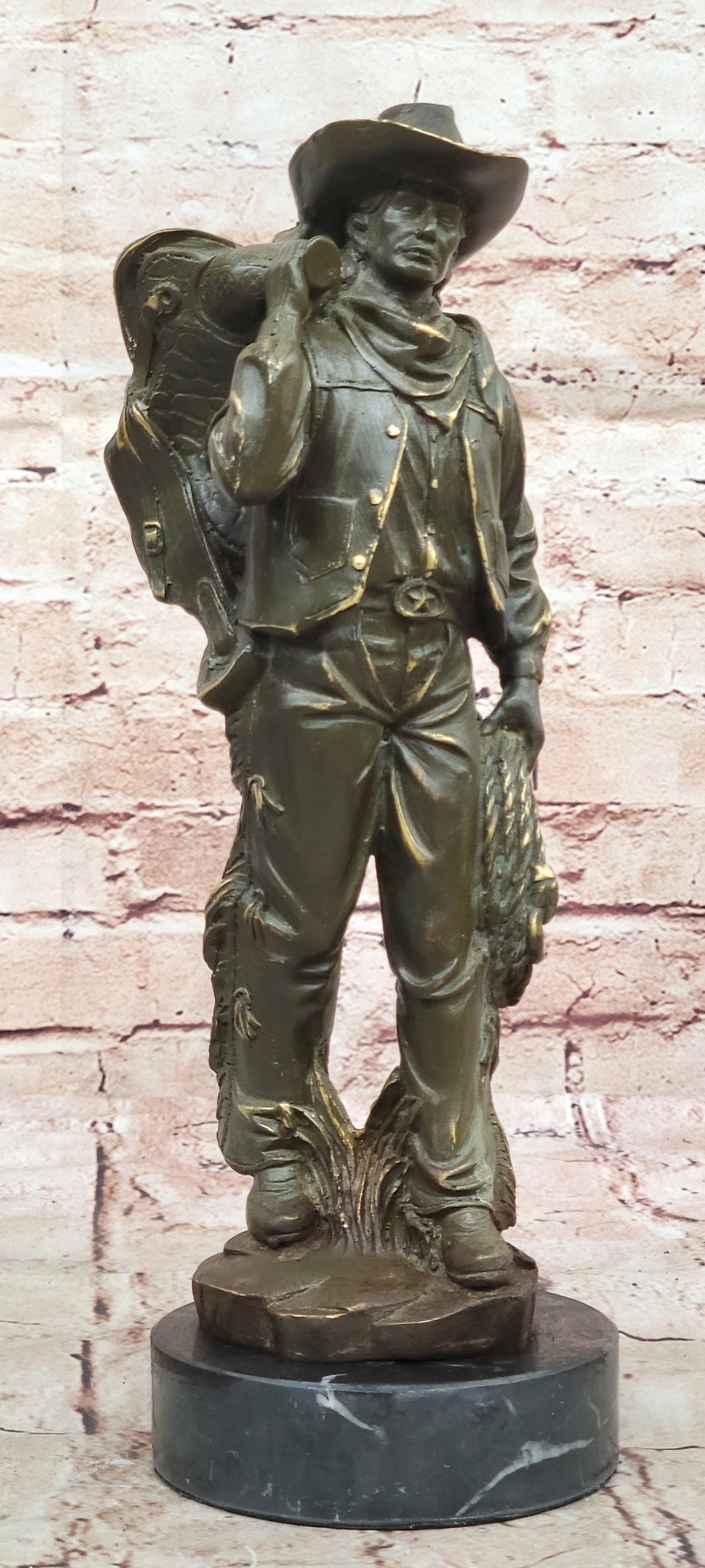 Bronze Western Rider Statue Original Cowboy Sculpture by M. Lopez Home Decor Figurine Art: Condition: This sculpture is in perfect condition Bronze Dimensions with Marble Base: Height 12.5" X Width 4" Marble Dimensions: Diameter 4" Height without base:11.5" Weight:6 LBS Inventory:57GTS22358