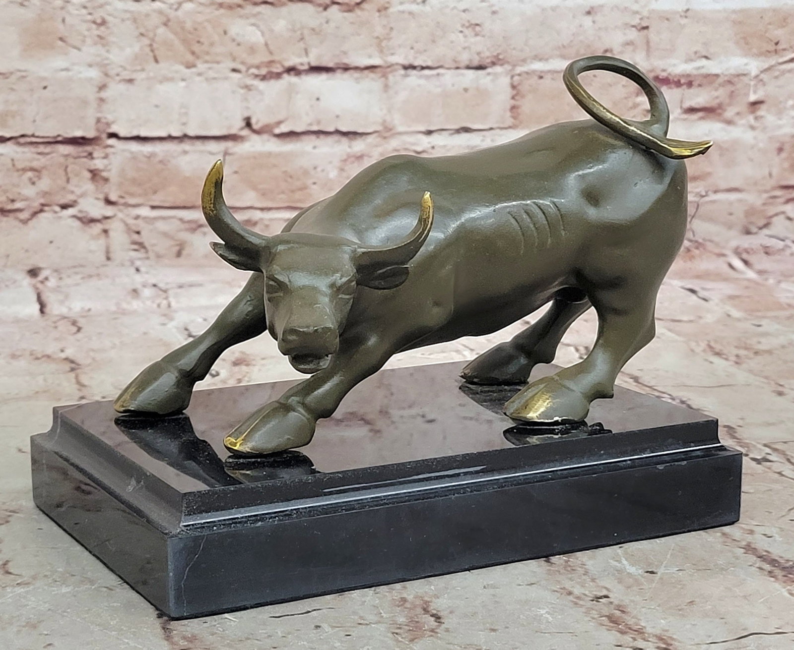Charging Bull Figurine Bronze Statue by Milo Wall Street Art Sculpture Office Decor Gift: Condition: This sculpture is in perfect condition. Bronze Dimensions with Marble Base: Height 7" X Width 8" Marble Dimensions:8" X 5" Height without base:6" Weight:8 LBS Inventory:21GTS0804212 This dy