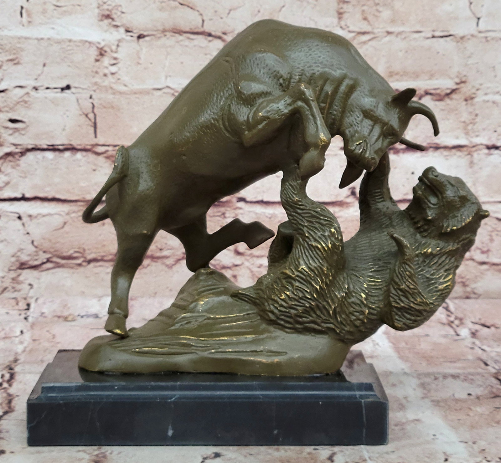 Financial Market Bull Bear Bronze Sculpture Statue Gift Wall Street Art Office Decor: Condition: This sculpture is in perfect condition. Bronze Dimensions with Marble Base: Height 9" X Width 8.5" Marble Dimensions:7" X 4" Height without base:8" Weight:8 LBS Inventory:37GTS0955573 Limit