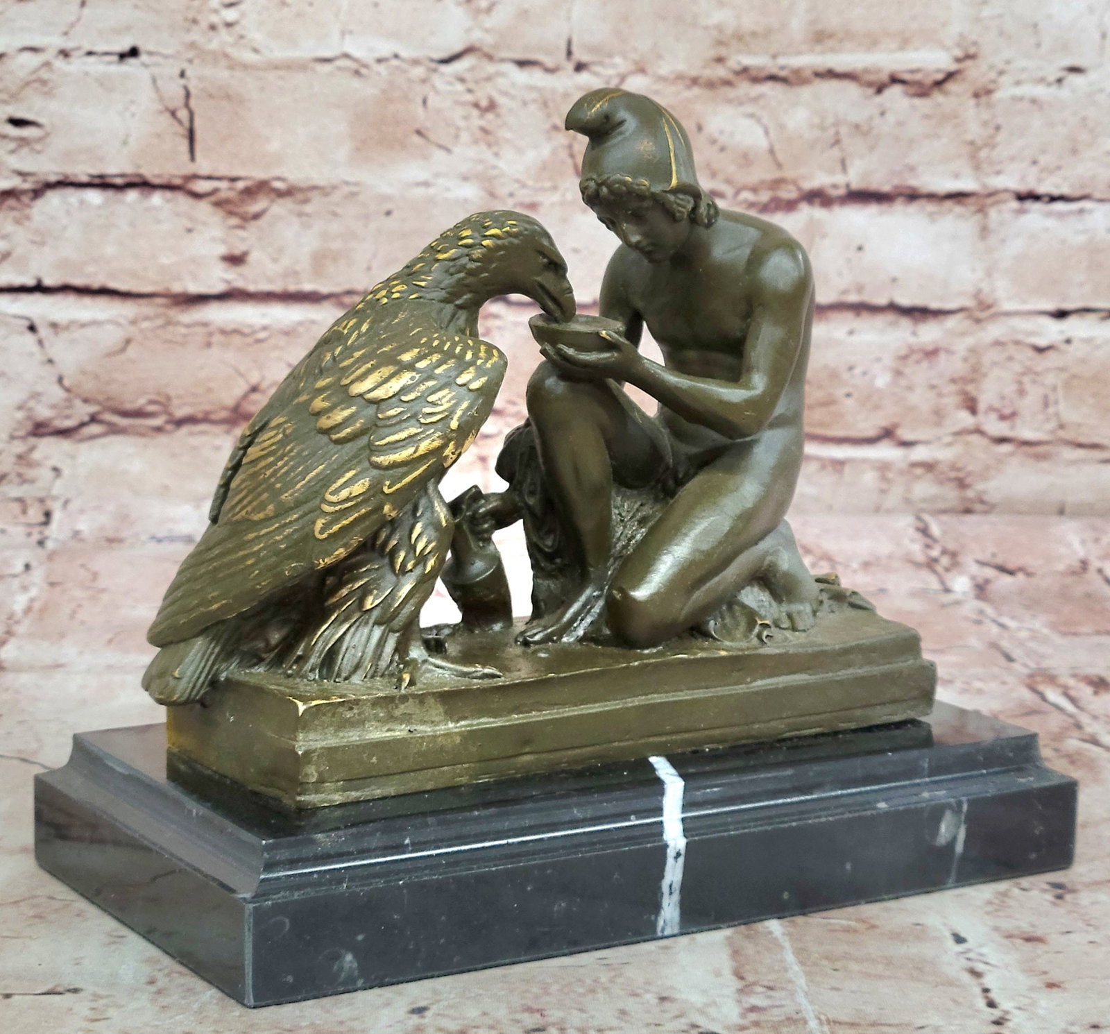 Ganymede with Zeus Eagle Bronze Statue Mythological Art by Aldo Vitaleh Sculpture: Condition: This sculpture is in perfect condition Bronze Dimensions with Marble Base: Height 7" X Width 8" Marble Dimensions:8" X 4" Height without base:6" Weight:7 LBS Inventory:57GTS221-15375 This e