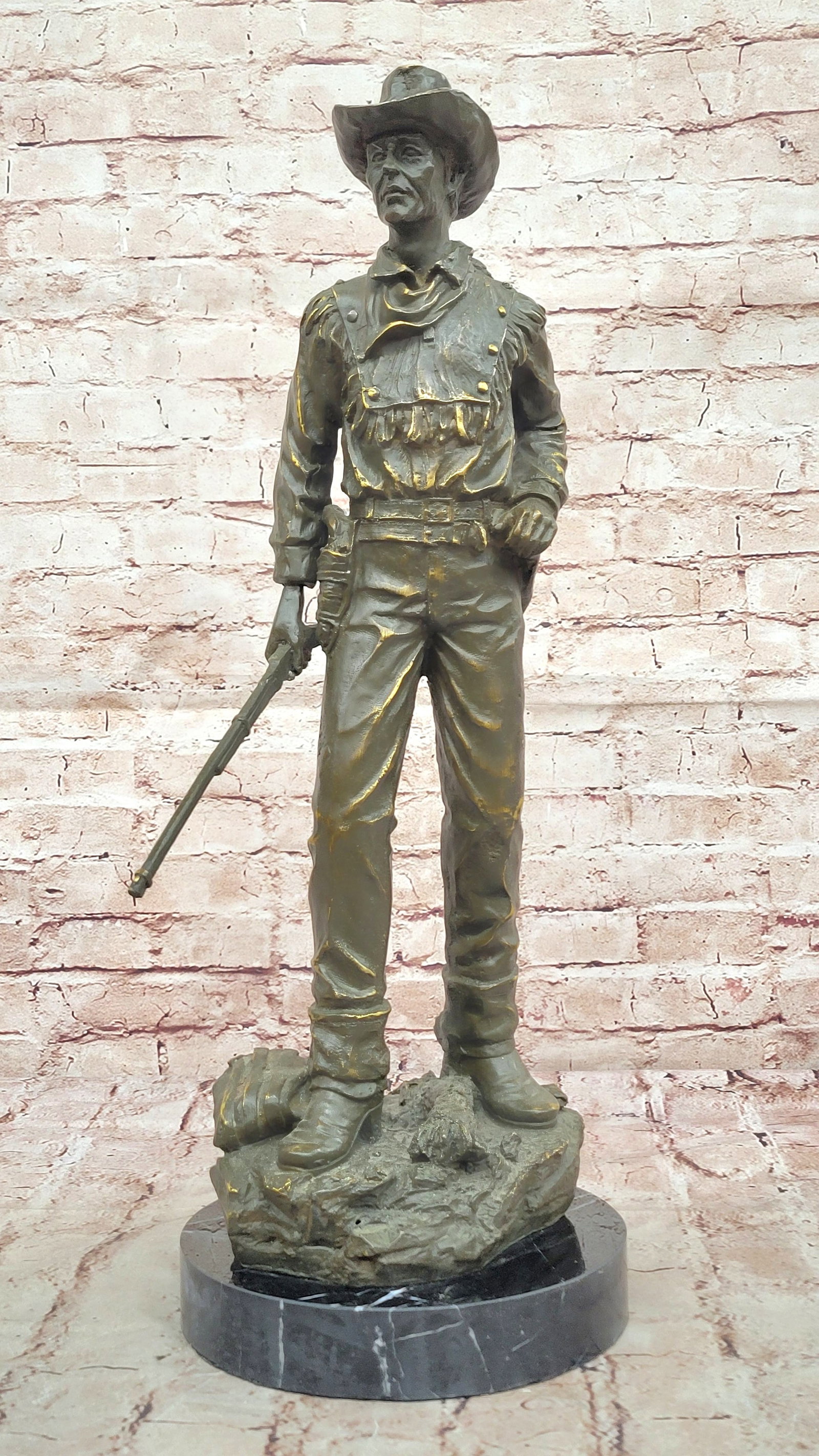 Large Cowboy Bronze Sculpture by M.F. Lopez Western Gunman Statue Classic Artwork: Condition: This sculpture is in perfect condition. Bronze Dimensions with Marble Base: Height 21" X Width 9" Marble Dimensions: Diameter 8" Height without base:20" Weight:18 LBS Inventory:32GTS2921012