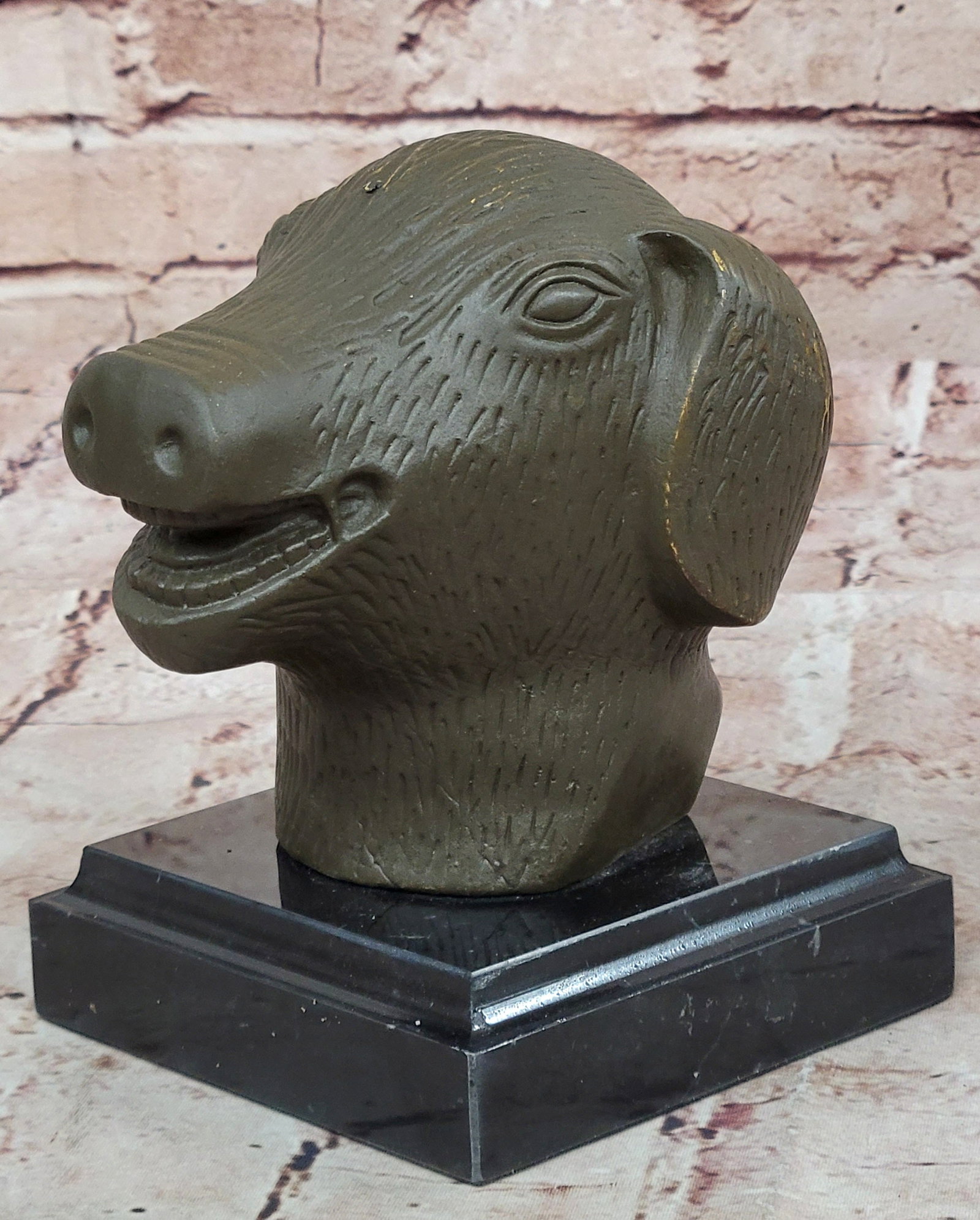 Zodiac Pig Head Bronze Sculpture ? Prosperity Symbol by Signed Artist: Condition: This sculpture is in perfect condition Bronze Dimensions with Marble Base: Height 6" X Width 4" Marble Dimensions:4.5" X 4" Height without base:5" Weight:5 LBS Inventory:25GTS868BOAR52 Hono