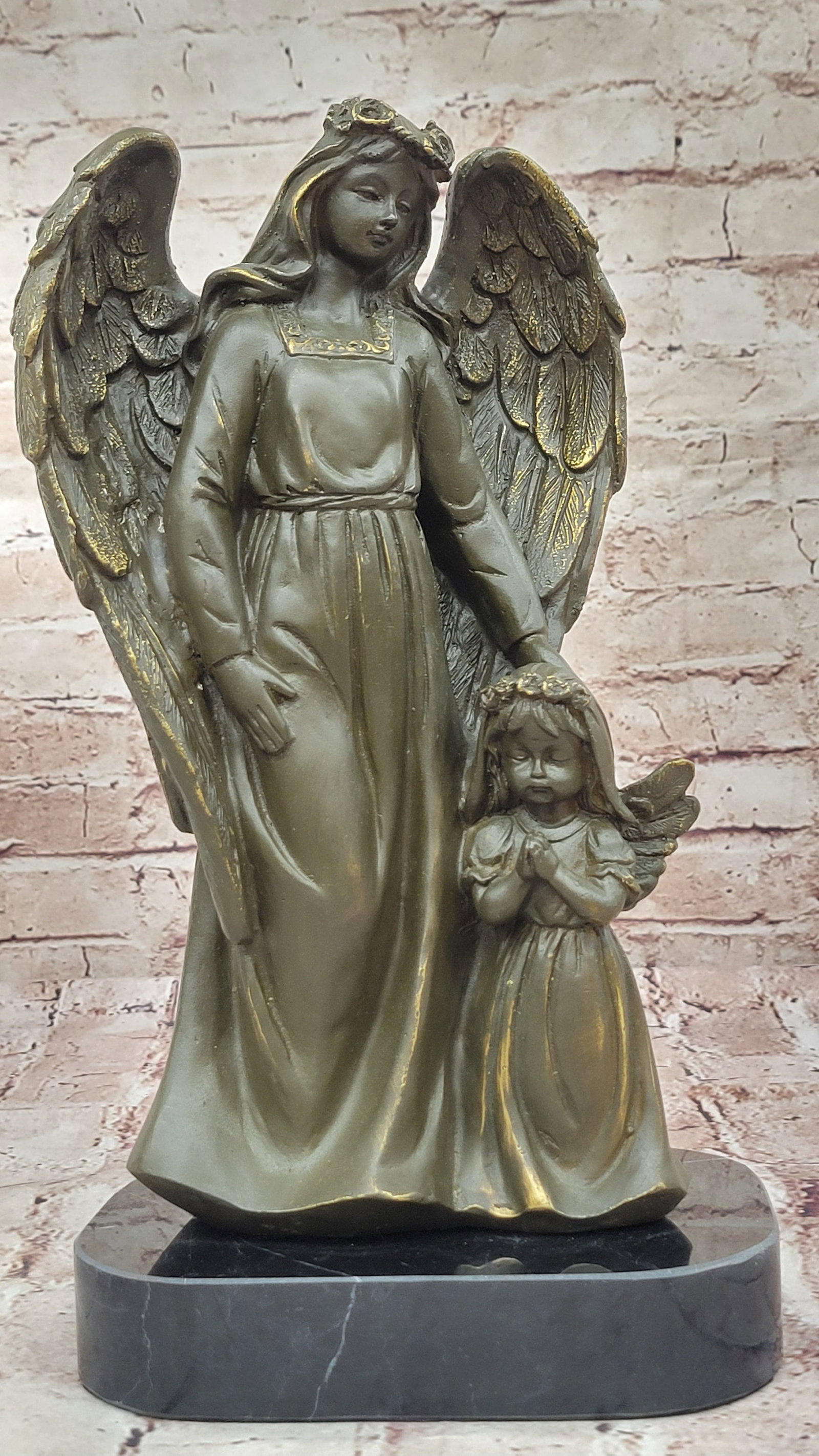 Bronze Angel with Child Sculpture by Moreau Messenger of God Spiritual Figurine: Condition: This sculpture is in perfect condition. Bronze Dimensions with Marble Base: Height 12.5" x Width 7" Marble Dimensions:7" X 4.5" Height without base:11.5" Weight:11 LBS Inventory:42GTS817872