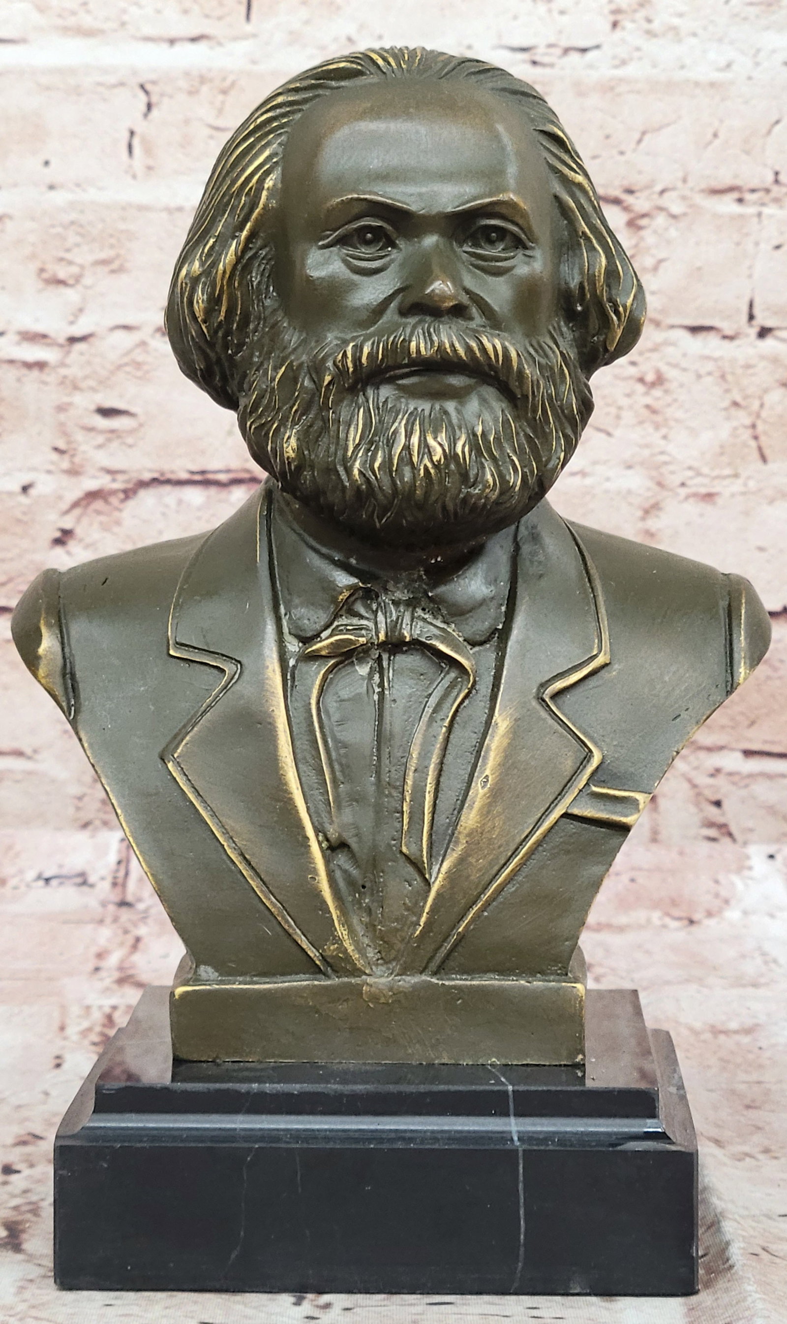 Historical Bronze Sculpture of Karl Marx Bust Signed Fisher Home Study Decor Figurine: Condition: This sculpture is in perfect condition. Bronze Dimensions with Marble Base: Height 9" X Width 5.5" Marble Dimensions:4" X 4" Height without base:8" Weight:6 LBS Inventory:47GTS8603874 This 