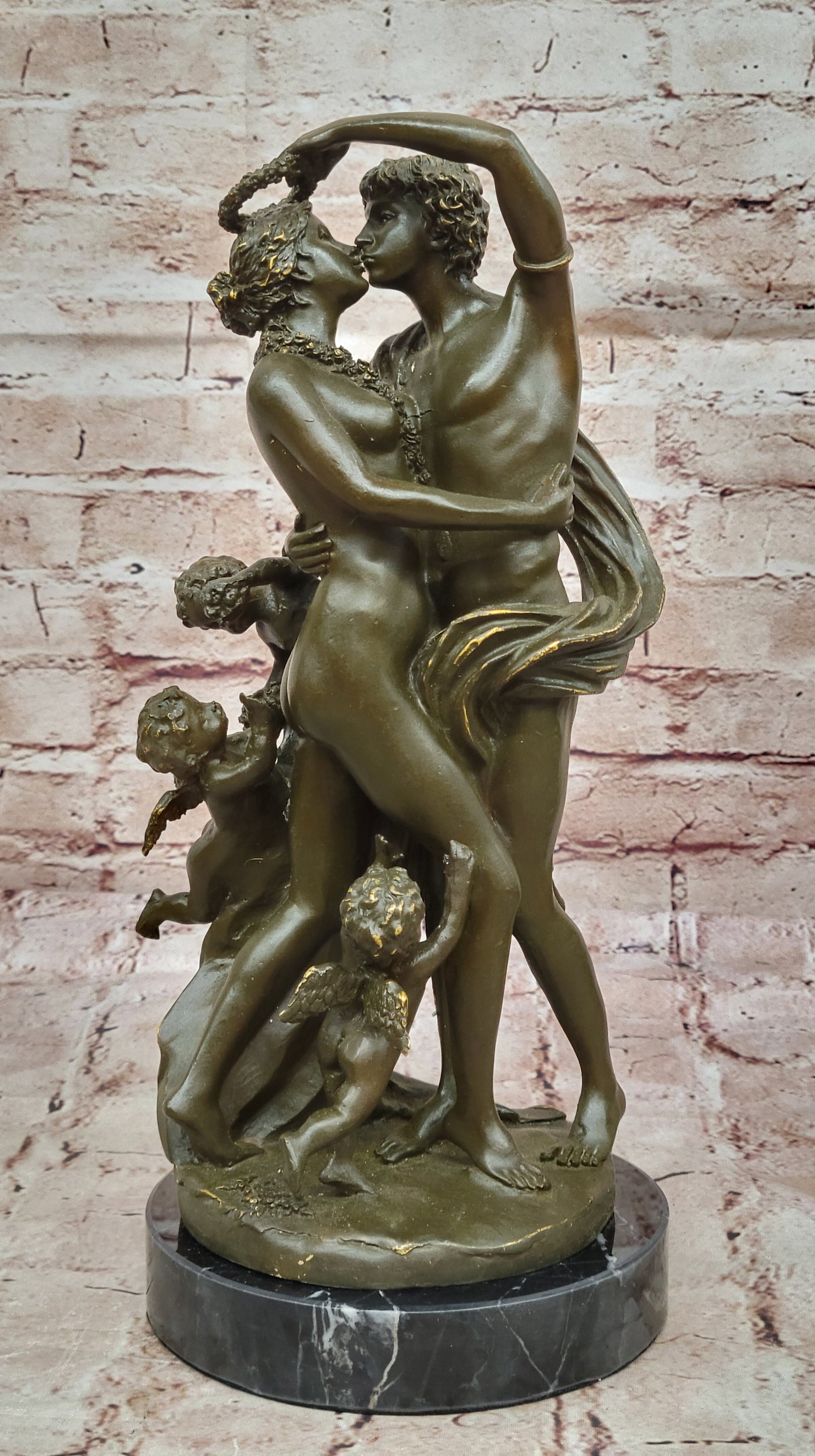 Limited Edition Bronze Statue by Milo of Adam and Eve with Baby Angel Heaven Figurine: Condition: This sculpture is in perfect condition. Bronze Dimensions with Marble Base: Height 13.5" X Width 6" Marble Dimensions: Diameter 6" Height without base:12.5" Weight:10 LBS Inventory:87GTS647