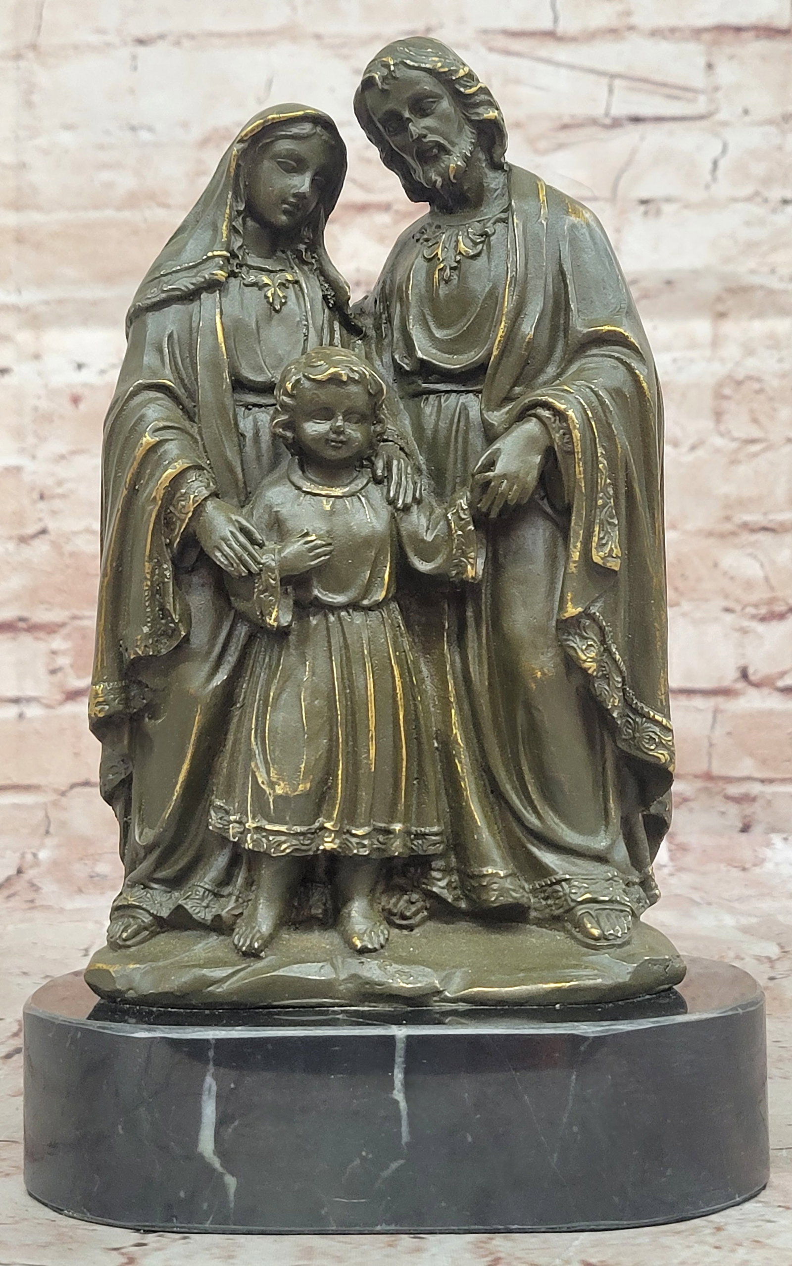 Hand Made Holy Family Bronze Sculpture Statue ? Christian Catholic Home Art: Condition: This sculpture is in perfect condition. Bronze Dimensions with Marble Base: Height 9.5" X Width 6" Marble Dimensions: Diameter 6" Height without base:8" Weight:7 LBS Inventory:27GTS2175372 