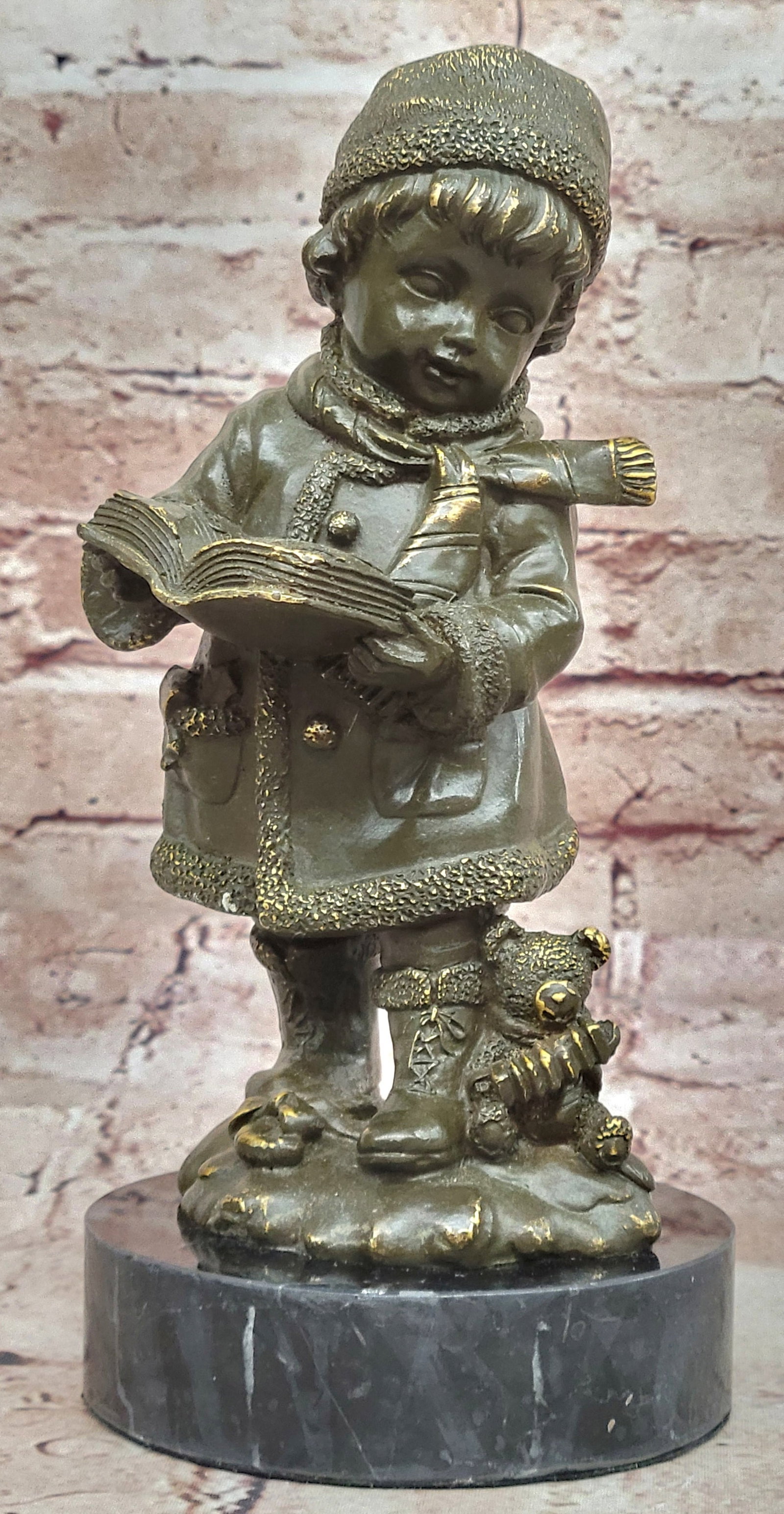 Bronze Statue of Boy in Winter Clothing Reading Book Signed J. Patoue Figurine: Condition: This sculpture is in perfect condition. Bronze Dimensions with Marble Base: Height 9" X Width 4" Marble Dimensions: Diameter 4" Height without base:8" Weight:5 LBS Inventory:26GTS224-14862 