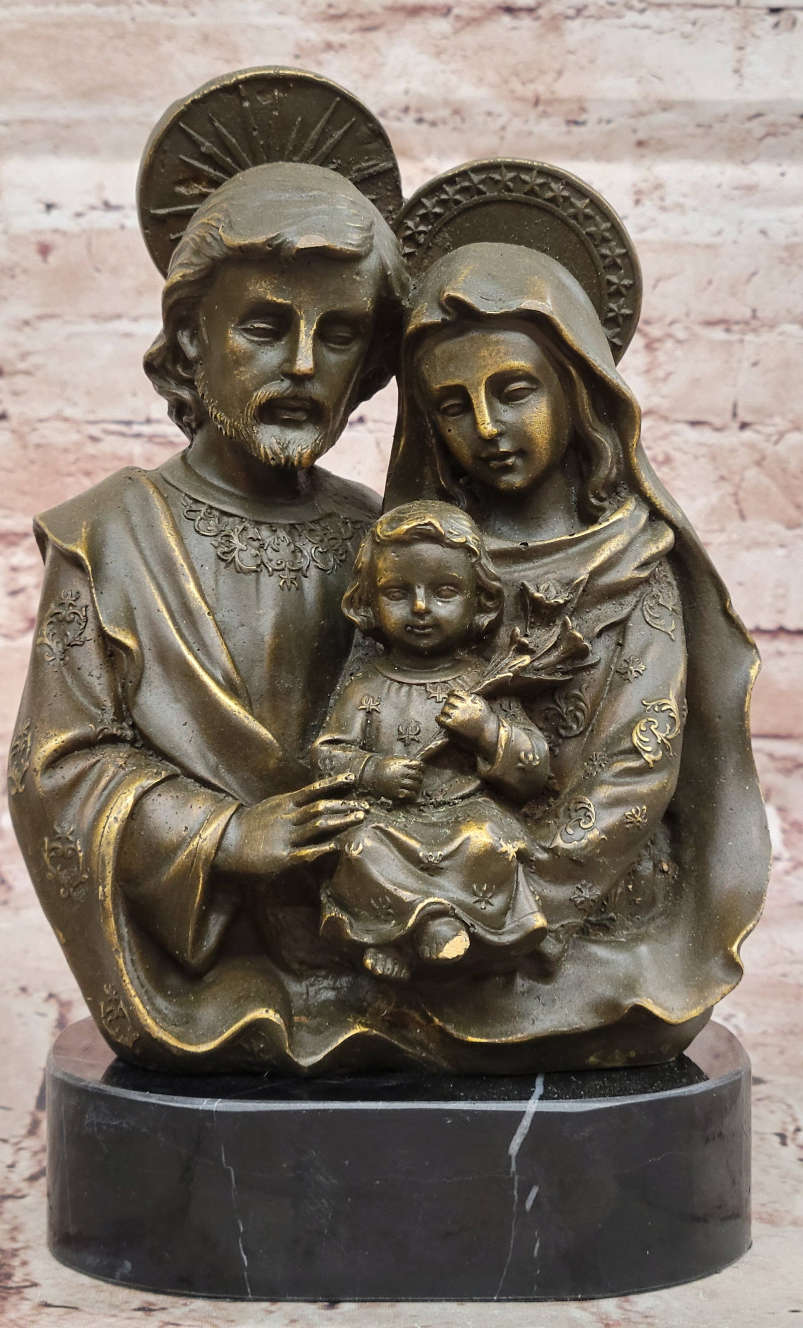 Collectible Bronze Sculpture Holy Family Statue Signed Valli Catholic Christian Art: Condition: This sculpture is in perfect condition. Bronze Dimensions with Marble Base: Height 9.5" X Width 6" Marble Dimensions: Diameter 5.5" Height without base:8.5" Weight:9 LBS Inventory:27GTS6496