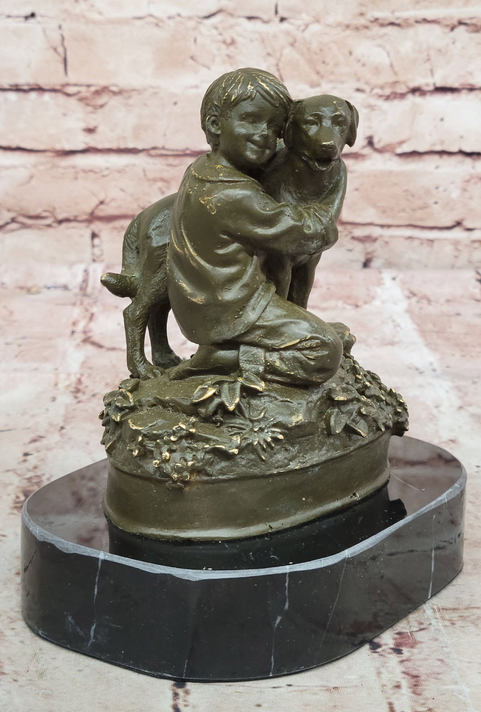Bronze Sculpture Statue of Young Boy and Dog by M. Lopez Nursery or Bedroom Decor: Condition: This sculpture is in perfect condition. Bronze Dimensions with Marble Base: Height 6" X Width 6" Marble Dimensions: Diameter 6" Height without base:5.5" Weight:6 LBS Inventory:54GTS2704445 