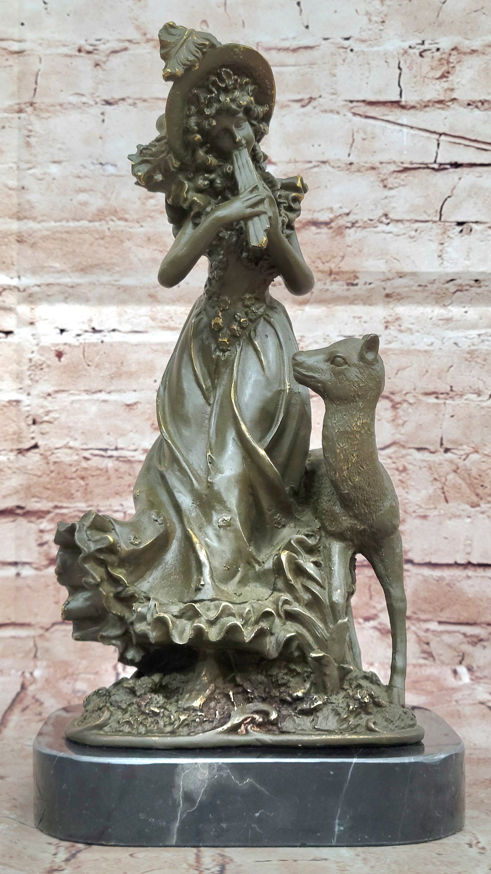 Hot Cast Bronze Sculpture Statue of Victorian Girl and Deer Art Deco Theme Decor: Condition: This sculpture is in perfect condition. Bronze Dimensions with Marble Base: Height 14" X Width 7.5" Marble Dimensions:7.5" X 6" Height without base:13" Weight:10 LBS Inventory:24GTS2617242 