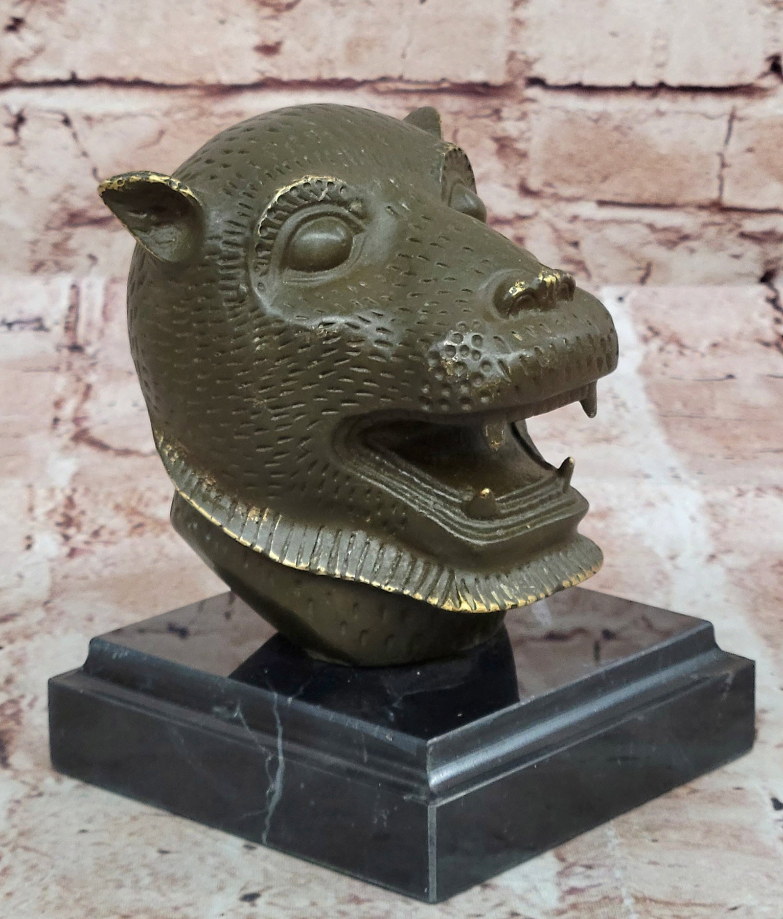 Bold Tiger Head Bronze Sculpture Statue on Base Handmade Zodiac Desk Showpiece: Condition: This sculpture is in perfect condition Bronze Dimensions with Marble Base: Height 5.5" X Width 4" Marble Dimensions:4.5" X 4" Height without base:4.5" Weight:5 LBS Inventory:23GTS868Tiger25