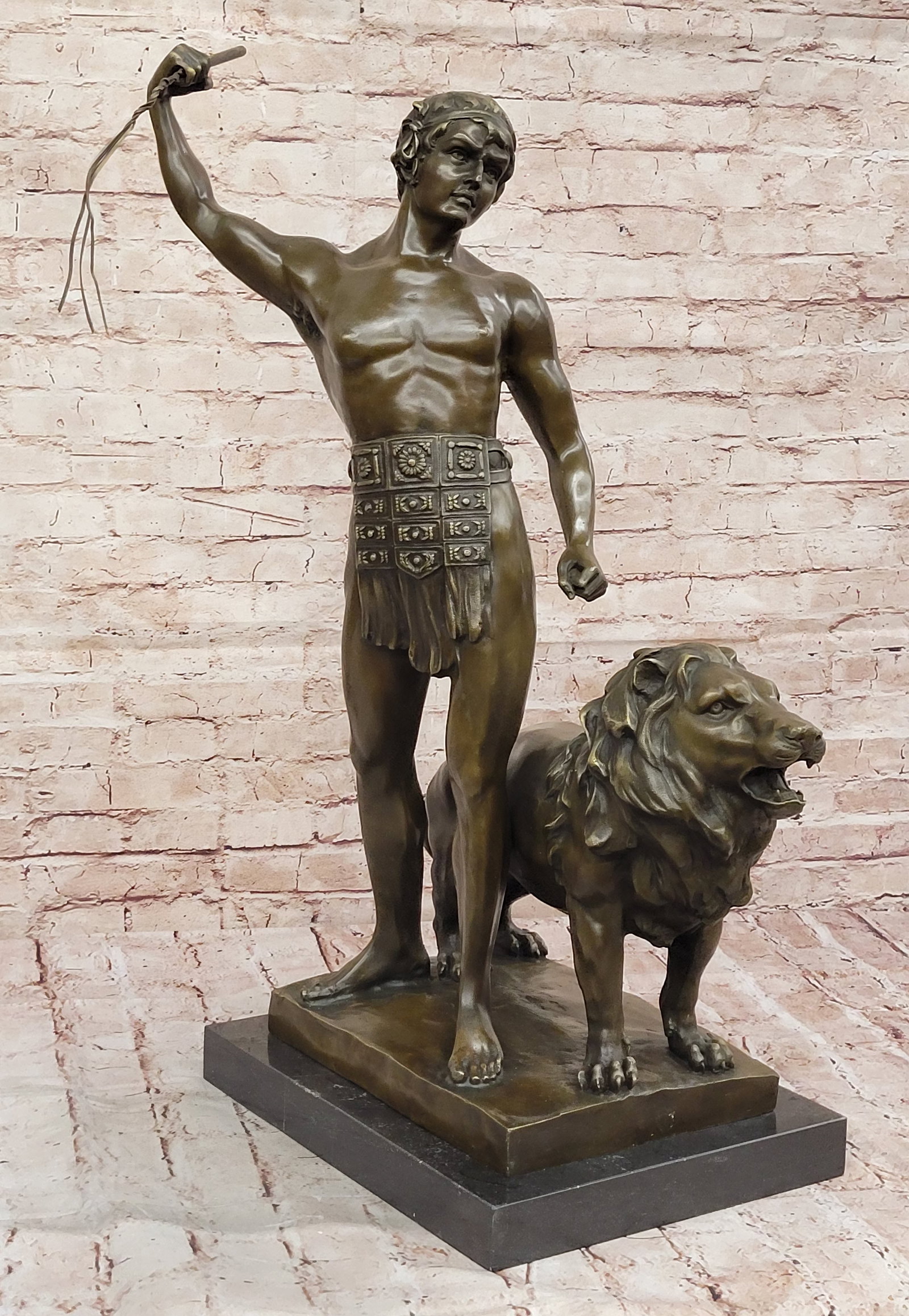 Heavy Bronze Sculpture Statue Roman Warrior and Lion by Debut Collectible Art: Condition: This sculpture is in perfect condition. Bronze Dimensions with Marble Base: Height 30" X Width 20" Marble Dimensions:15" X 11.5" Height without base:29" Weight:79 LBS Inventory:43YRD3332923