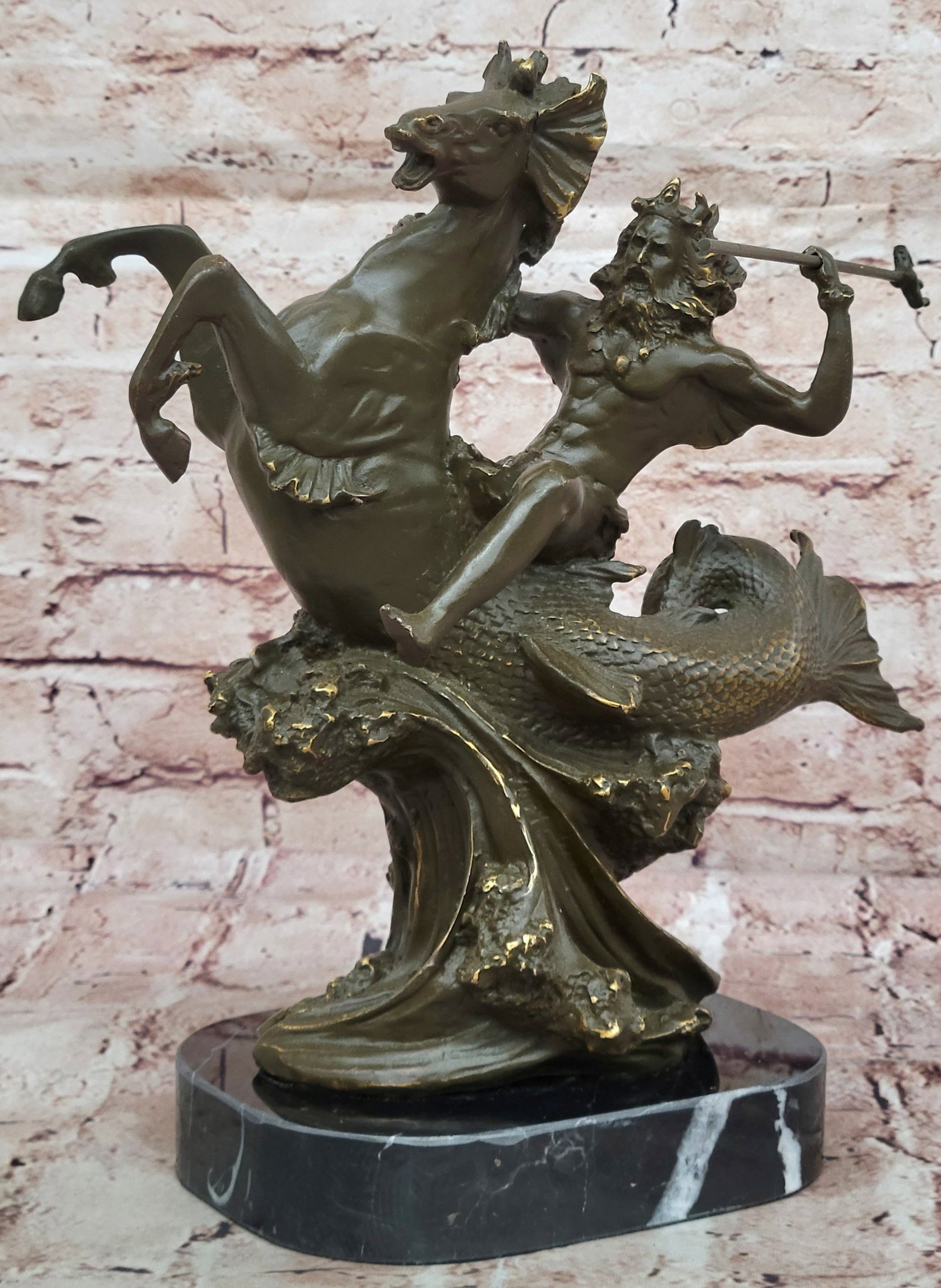 Handmade Bronze Sculpture Statue Neptune God of the Seas Mavchi Artwork: Condition: This sculpture is in perfect condition. Bronze Dimensions with Marble Base: Height 12" X Width 12" Marble Dimensions: Diameter 6.5" Height without base:11" Weight:10 LBS Inventory:57GTS2738