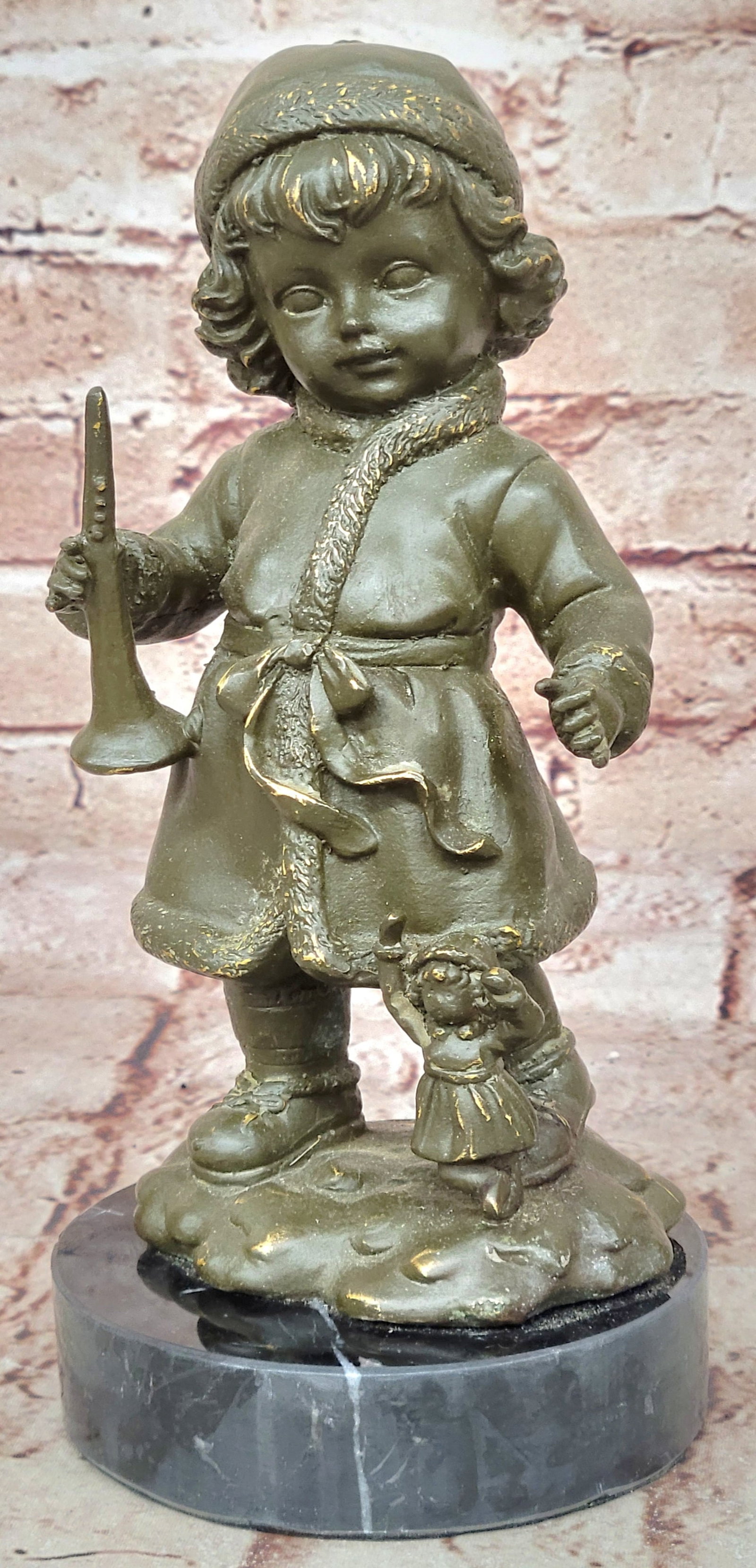 Horn Player Girl Bronze Sculpture Statue Winter Hat Figurine Home Decor: Condition: This sculpture is in perfect condition. Bronze Dimensions with Marble Base: Height 9" X Width 4" Marble Dimensions: Diameter 4" Height without base:8" Weight:5 LBS Inventory:29GTS224-34892 