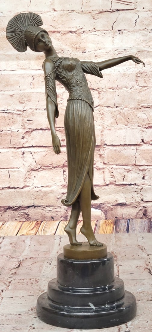 Chiparus Bronze Egyptian Dancer Sculpture - Hot Cast Collectible Artwork: Condition: This sculpture is in perfect condition. Bronze Dimensions with Marble Base: Height:15" X Width 6.5" Marble Dimensions: Diameter 5" Height without base:12" Weight:8 LBS Inventory:28EP5985982