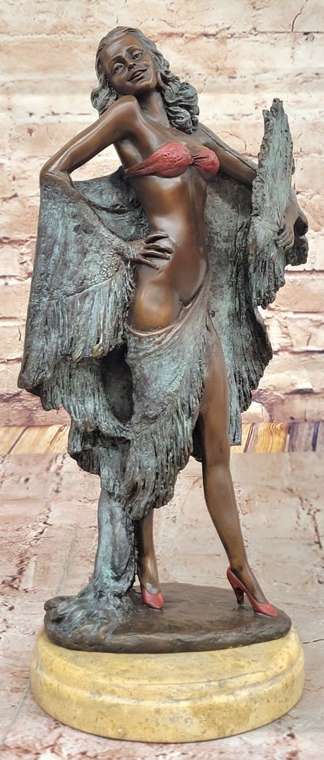 Art Nouveau Bronze Showgirl Dancer Sculpture by Miguel Lopez Collectible Artwork: Condition: This sculpture is in perfect condition. Bronze Dimensions with Marble Base: Height 14" X Width 7" Marble Dimensions: Diameter 6" Height without base:13" Weight:13 LBS Inventory:67EP557S1357