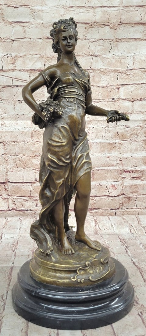 Handcrafted Bronze Statue of Harvest Maiden Signed Moreau Art Deco Sculpture: Condition: This sculpture is in perfect condition. Bronze Dimensions with Marble Base: Height 18.5" X Width 8" Marble size: Diameter 8" Height without base:16.5" Weight:20 LBS Inventory:35YRD839153 Ce