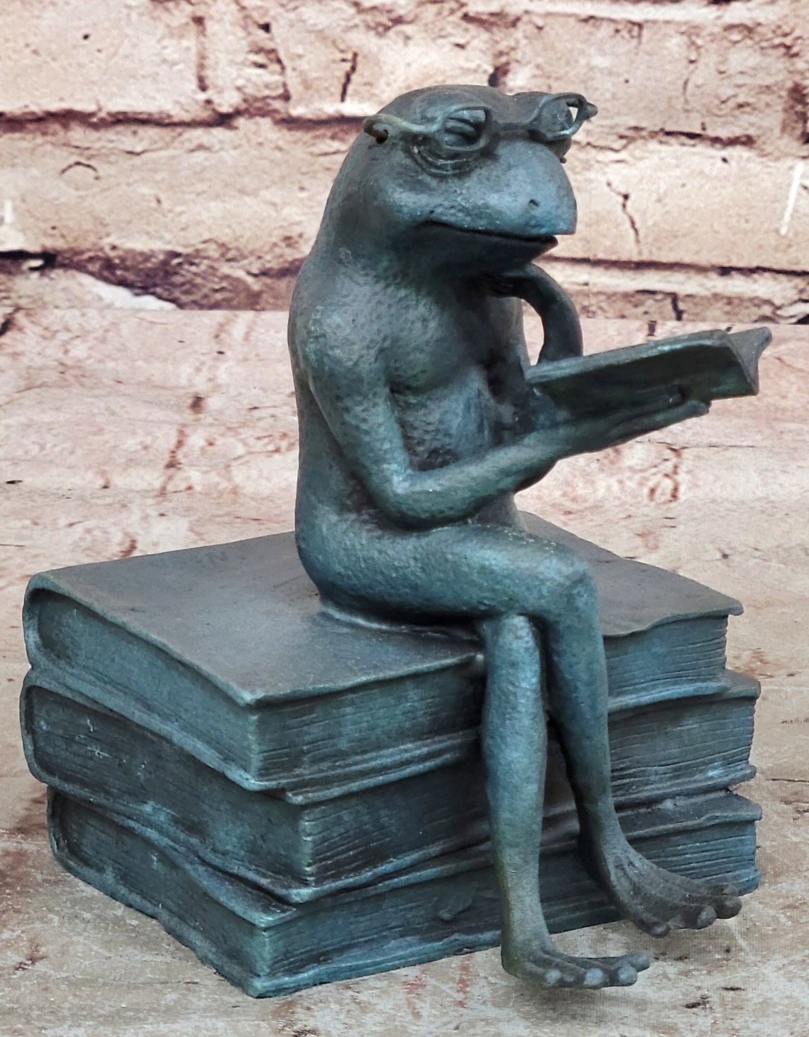 Original Frog Bronze Sculpture Figurine Green Patina Statue Library Office Decor: Condition: This sculpture is in perfect condition Bronze Dimensions: Height 6" X Width 5" Weight:4 LBS Inventory:17AL513C4974 Presenting our adorable Miniature Frog sculpture, guaranteed to melt your 