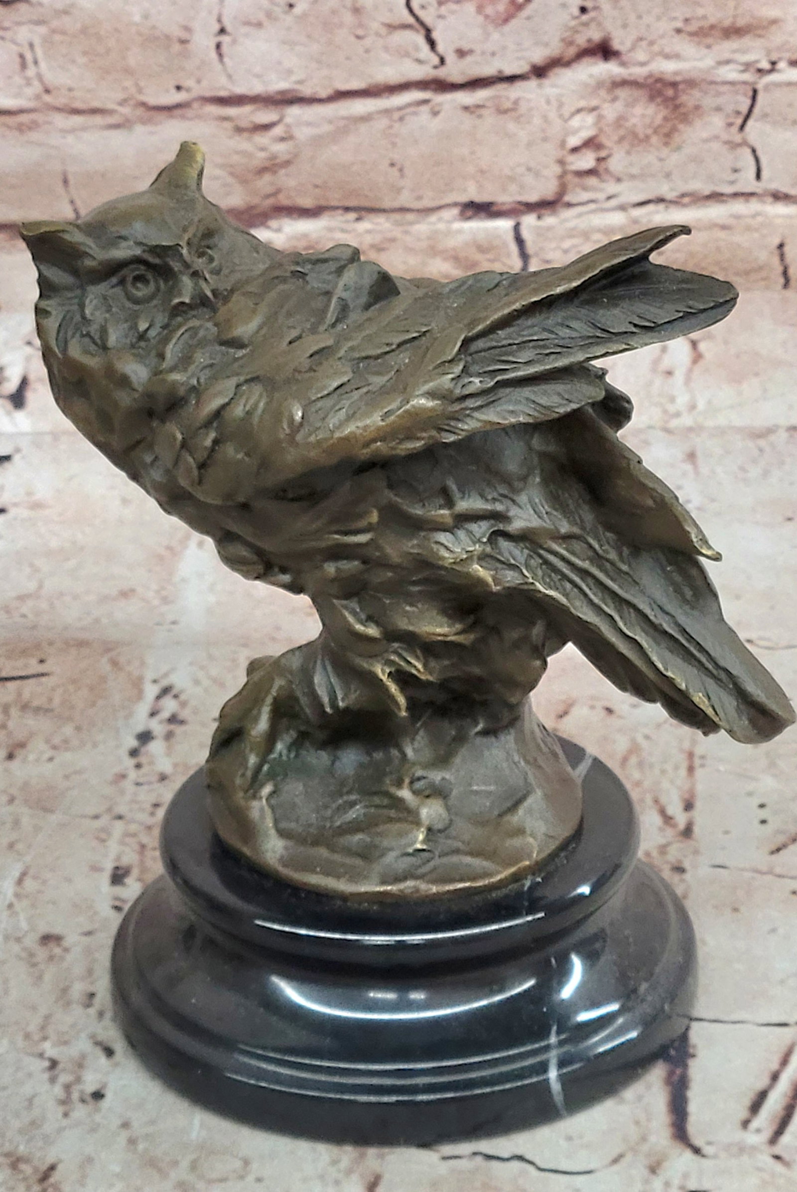 Hand Made Miguel Lopez Bronze Owl on Prey Sculpture Hot Cast Lost Wax Figurine: Condition: This sculpture is in perfect condition Bronze Dimensions with Marble Base: Height 7" X Width 7" Marble Dimensions: Diameter 4.5" Height without base:5.5" Weight:6 LBS Inventory:69AL2385396 