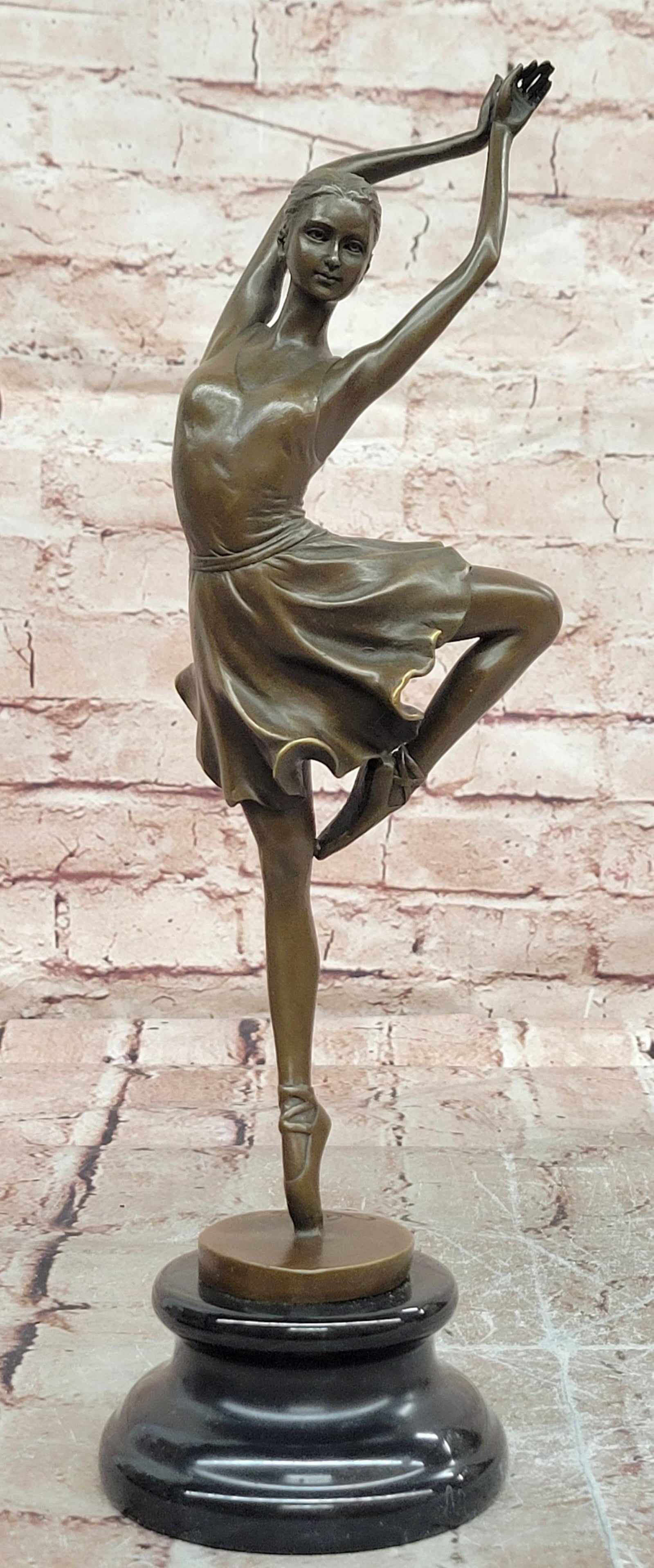 Bronze Ballerina on Pointe Sculpture Cesaro Dance Lover Collectible Artwork: Condition: This sculpture is in perfect condition. Bronze Dimensions with Marble Base: Height 14" X Width 7" Marble Dimensions: Diameter 4" Height without base:12" Weight:6 LBS Inventory:67JD1626576 T