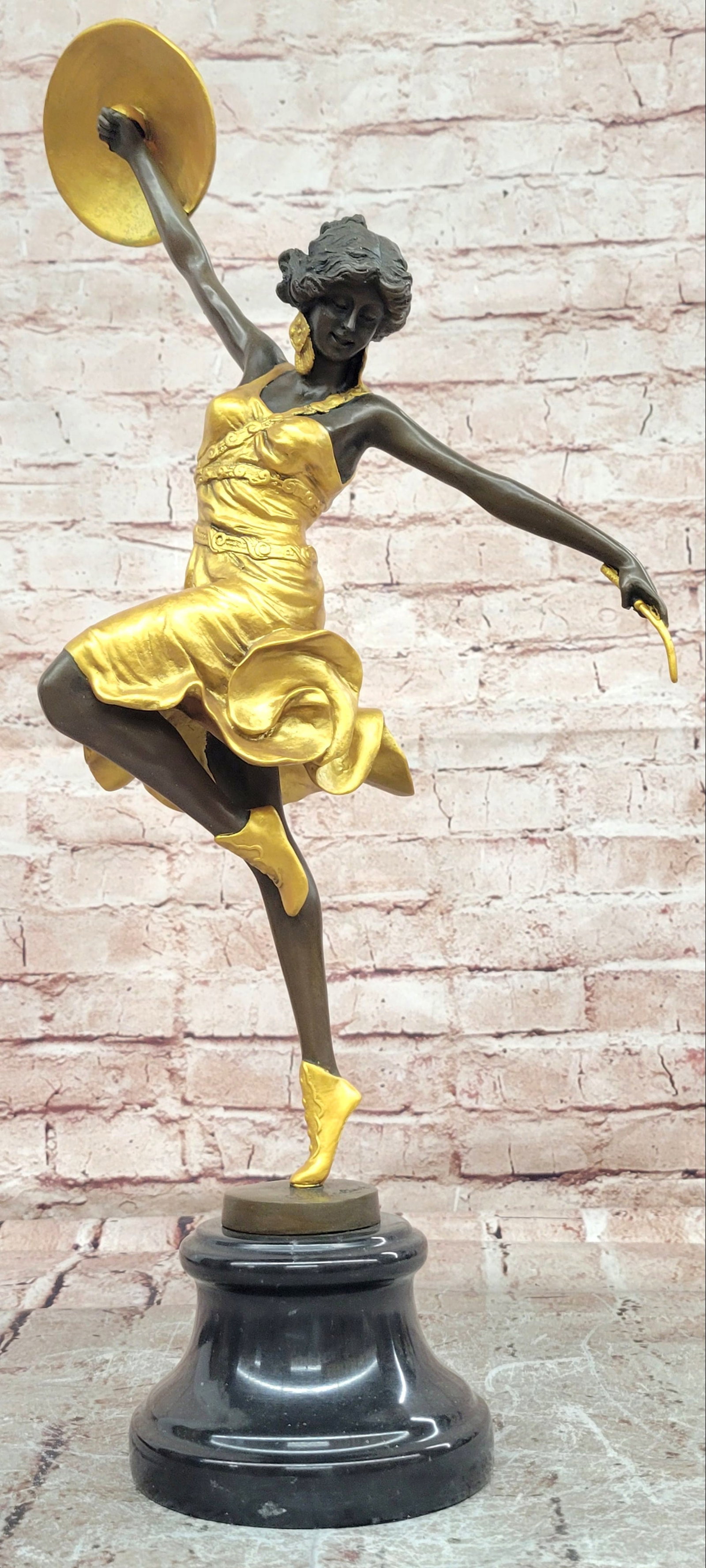 C.J. Colinet Gilt Bronze Dancer Sculpture Art Nouveau Fine Art Figurine Hot Cast: Condition: This sculpture is in perfect condition Bronze Dimensions with Marble Base: Height 20.5" X Width 13.5" Marble Dimensions: Diameter 5" Height without base:17.5" Weight:12LBS Inventory:59EP464