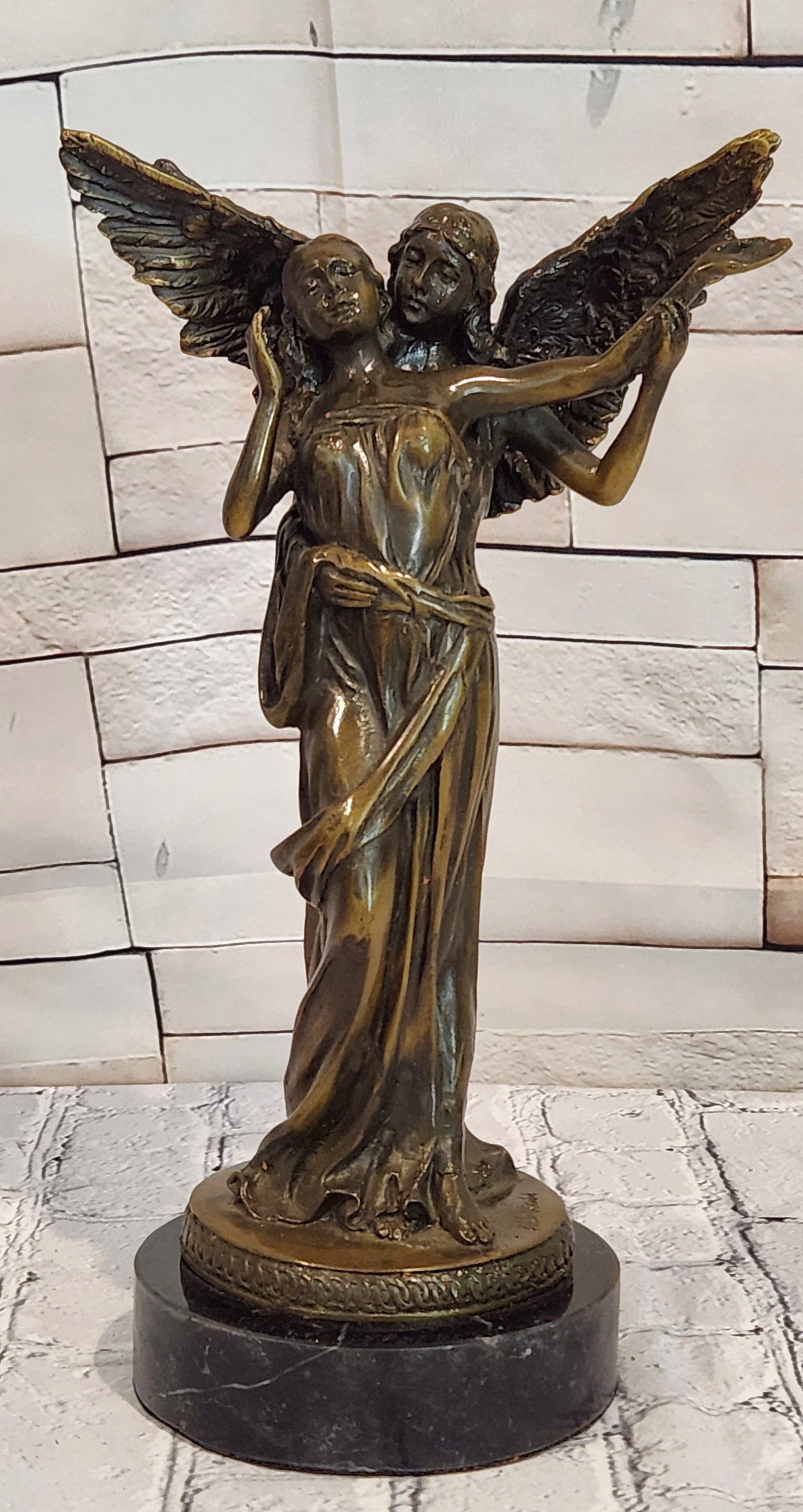 Bronze Celestial Angel Embracing Woman Sculpture Aldo Vitaleh Collectible Artwork: Condition: This sculpture is in perfect condition. Bronze Dimensions with Marble Base: Height 11" X Width 7" Marble Dimensions:4.75" Height without base:10" Weight:7 LBS Inventory:52GTS4306925 This ex