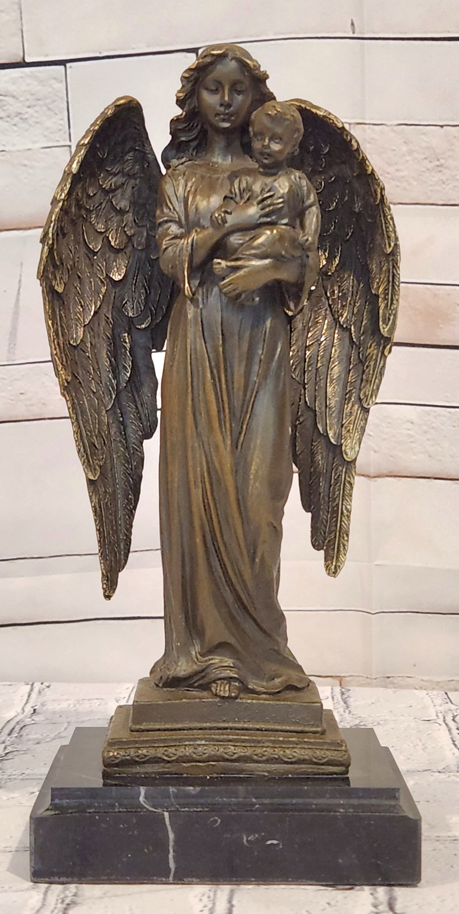Bronze Celestial Angel Holding Child Sculpture A. Moreau Religious Decor Collectible Art: Condition: This sculpture is in perfect condition. Bronze Dimensions with Marble Base: Height 11.5" x Width 5" Marble Dimensions:5" X 4" Height without base:10.5" Weight:7 LBS Inventory:42GTS0566624 T