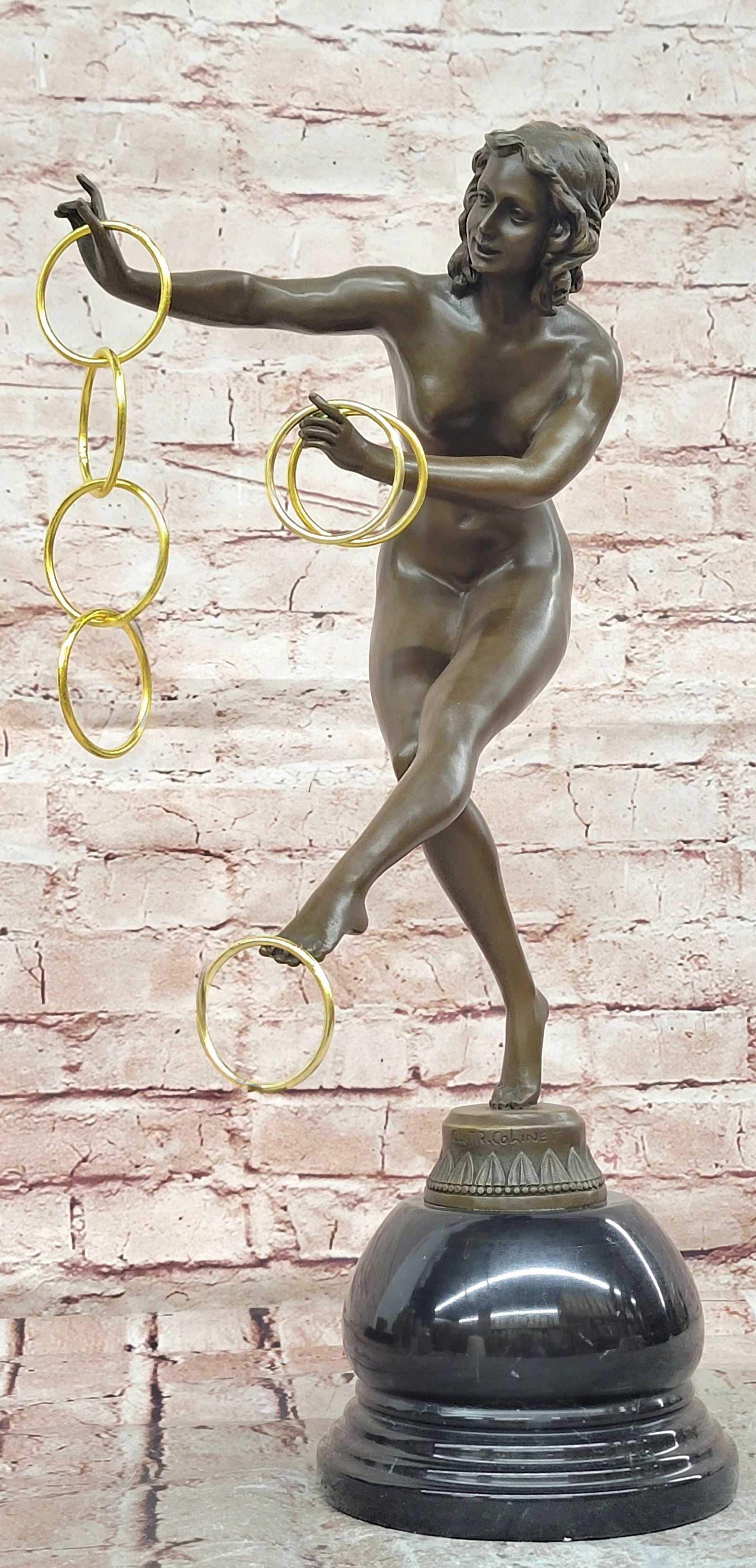 Bronze Art Deco Nude Dancer Sculpture Signed Colinet Magic Ring Fine Art: Condition: This sculpture is in perfect condition. Bronze Dimensions with Marble Base: Height 18" X Width 7.5" Marble Dimensions: Diameter 5.5" Height without base:14" Weight:15 LBS Inventory:65EP238K