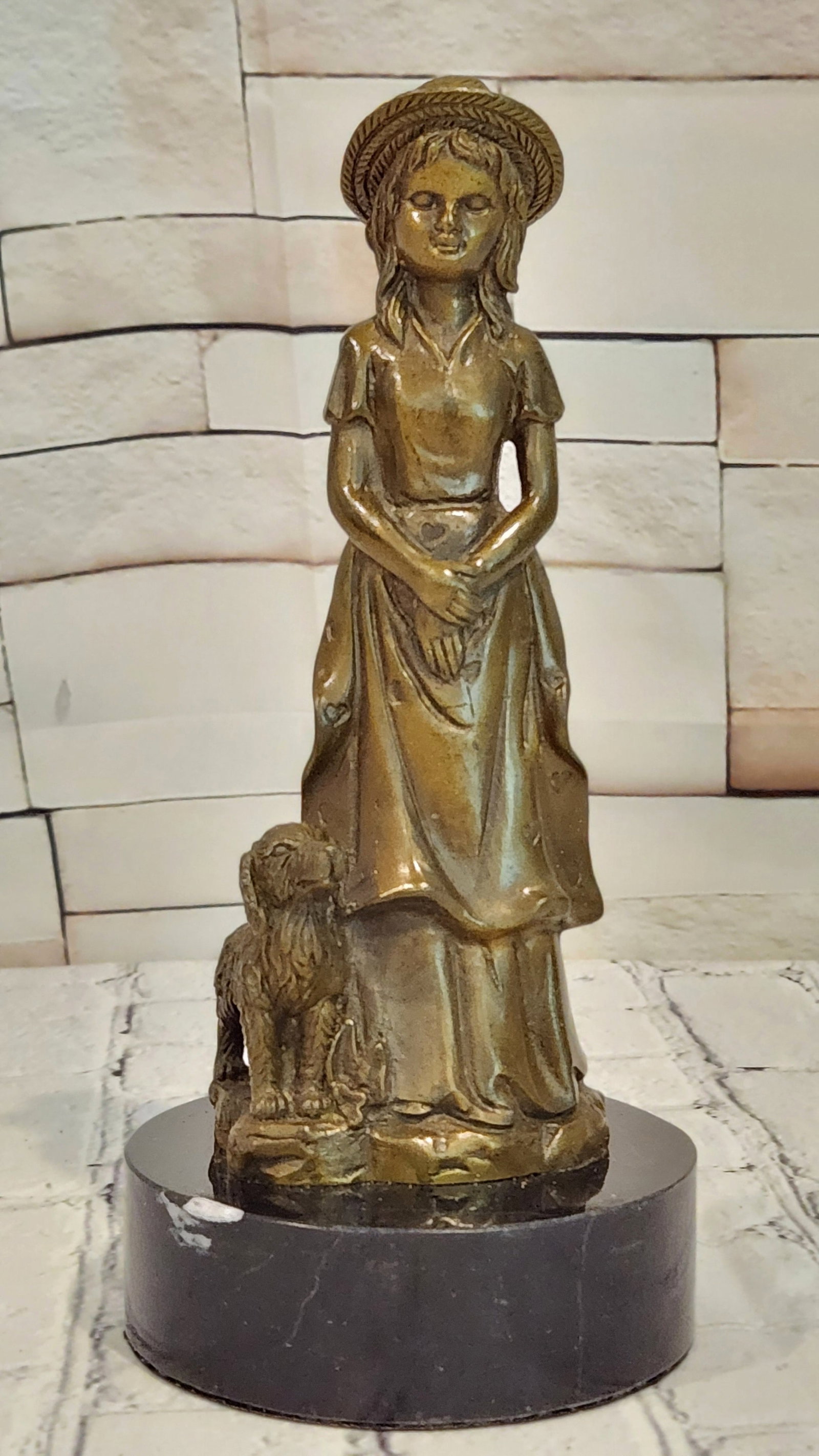 Bronze Victorian Woman with Loyal Dog Statue Signed M Lopez Decorative Art Piece: Condition: This sculpture is in perfect condition. Bronze Dimensions with Marble Base: Height 9.5" X Width 4" Marble Dimensions: Diameter 4" Height without base:8" Weight:4 LBS Inventory:54GTS472-2514