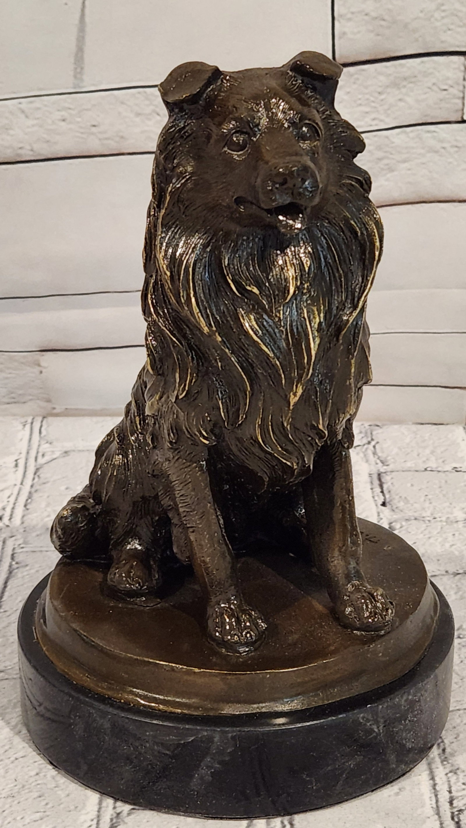 Signed A. Caine Bronze Dog Sculpture Collie Breed Loyal Pet Figurine Art Piece: Condition: This sculpture is in perfect condition. Bronze Dimensions with Marble Base: Height 9.5" X Length 6" Marble Dimensions: Diameter 6" Height without base:8" Weight:9 LBS Inventory:15GTS6695251