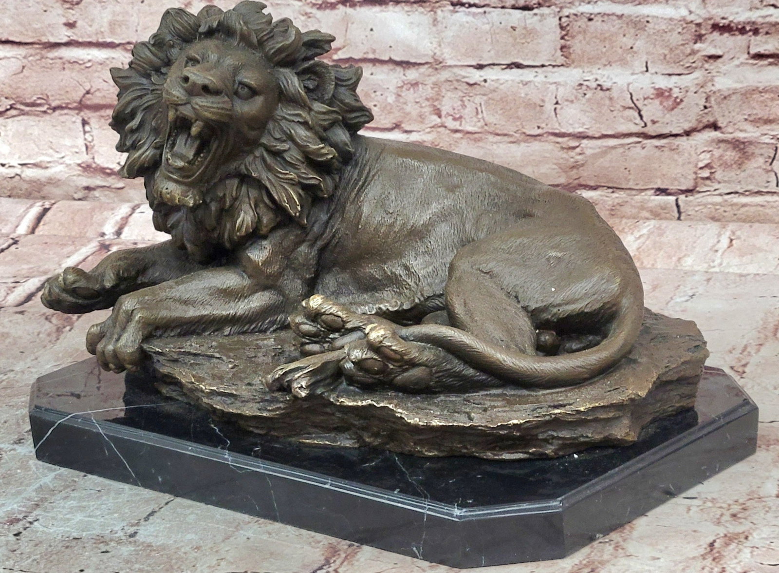 Majestic Bronze Roaring Lion Statue Signed Juno Luxury Wildlife Decor Collectible: Condition: This sculpture is in perfect condition Bronze Dimensions with Marble Base: Height 9.5" X Width 13.5" Marble Dimensions:13.5" X 9.5"" Height without base:8.5" Weight:29 LBS Inventory:19AL328