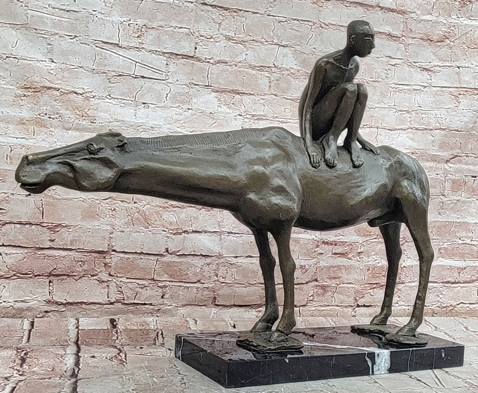 Bronze Boy Horseback Statue Signed Modern Sculpture Figurine Home Decor Art: Condition: This sculpture is in perfect condition Bronze Dimensions with Marble Base: Height 17.5" X Width 21.5" Marble Dimensions:14" X 6" Height without base:16.5" Weight:30 LBS Inventory:27EPA05624