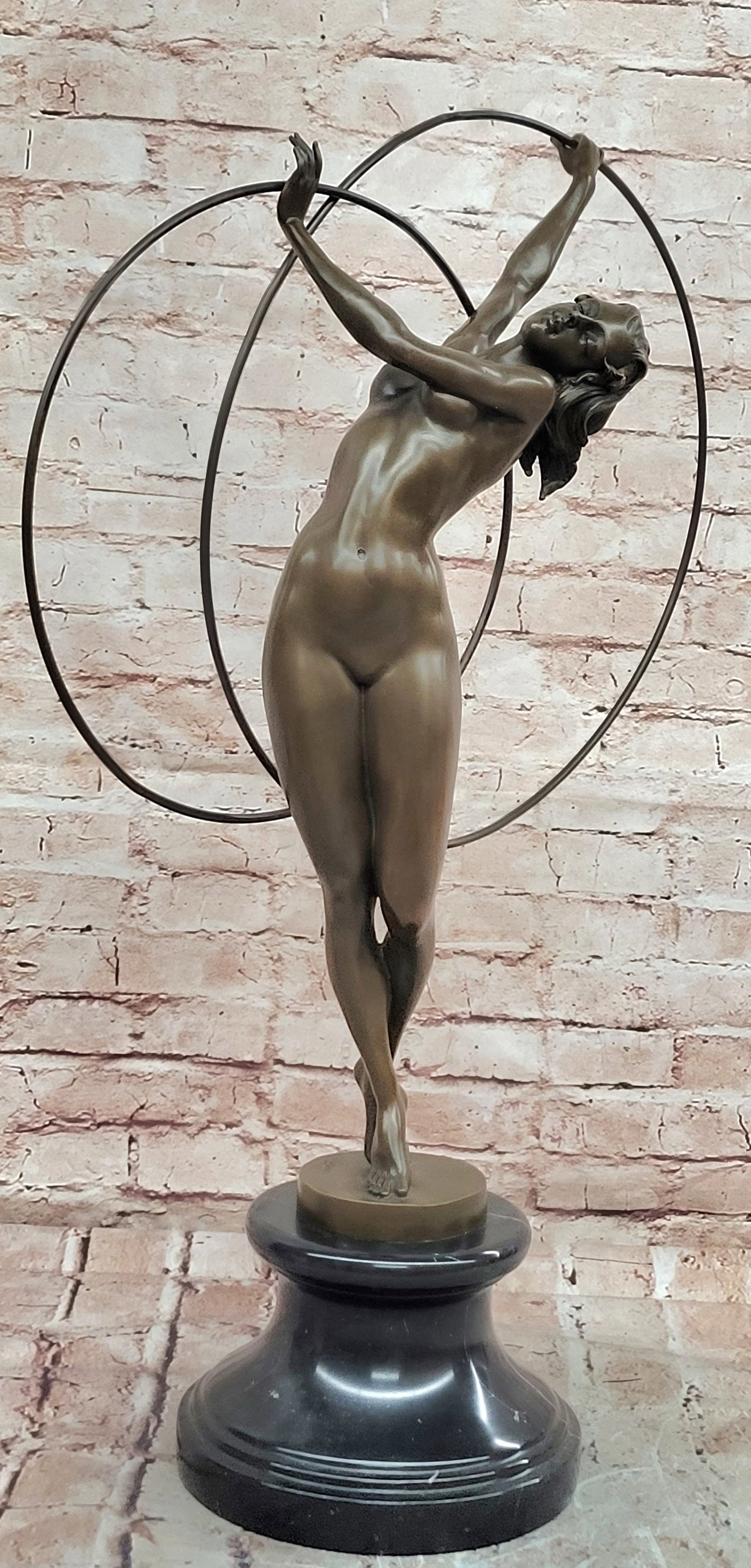 Cesaro Style Bronze Hoop Dancer Statue Art Deco Gymnast Collectible Decor: Condition: This sculpture is in perfect condition Bronze Dimensions with Marble Base: Height 26.5" X Length 10.5" Marble Dimensions: Diameter 10.5" Height without base:21" Weight:25 LBS inventory:74EP