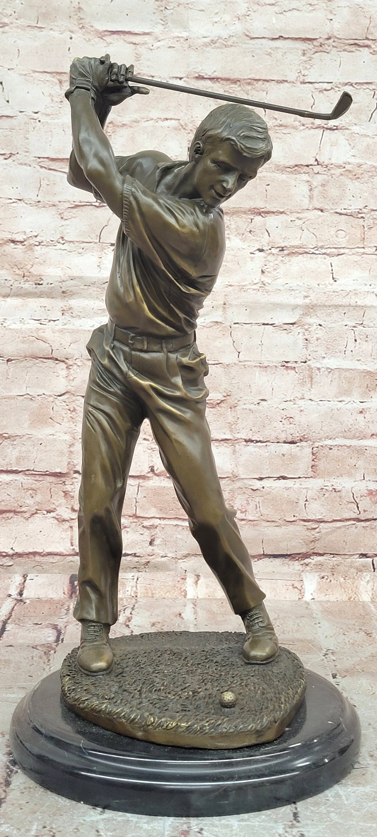 Hand Cast Milo Bronze Golfer Statue Golf Action Figurine Home Office Decor: Condition: This sculpture is in a very good condition. Bronze Dimensions with Marble Base: Height 18 X Width 9" Marble Dimensions: Diameter 9" Height without base:17" Weight:21 LBS Inventory:34EP02251