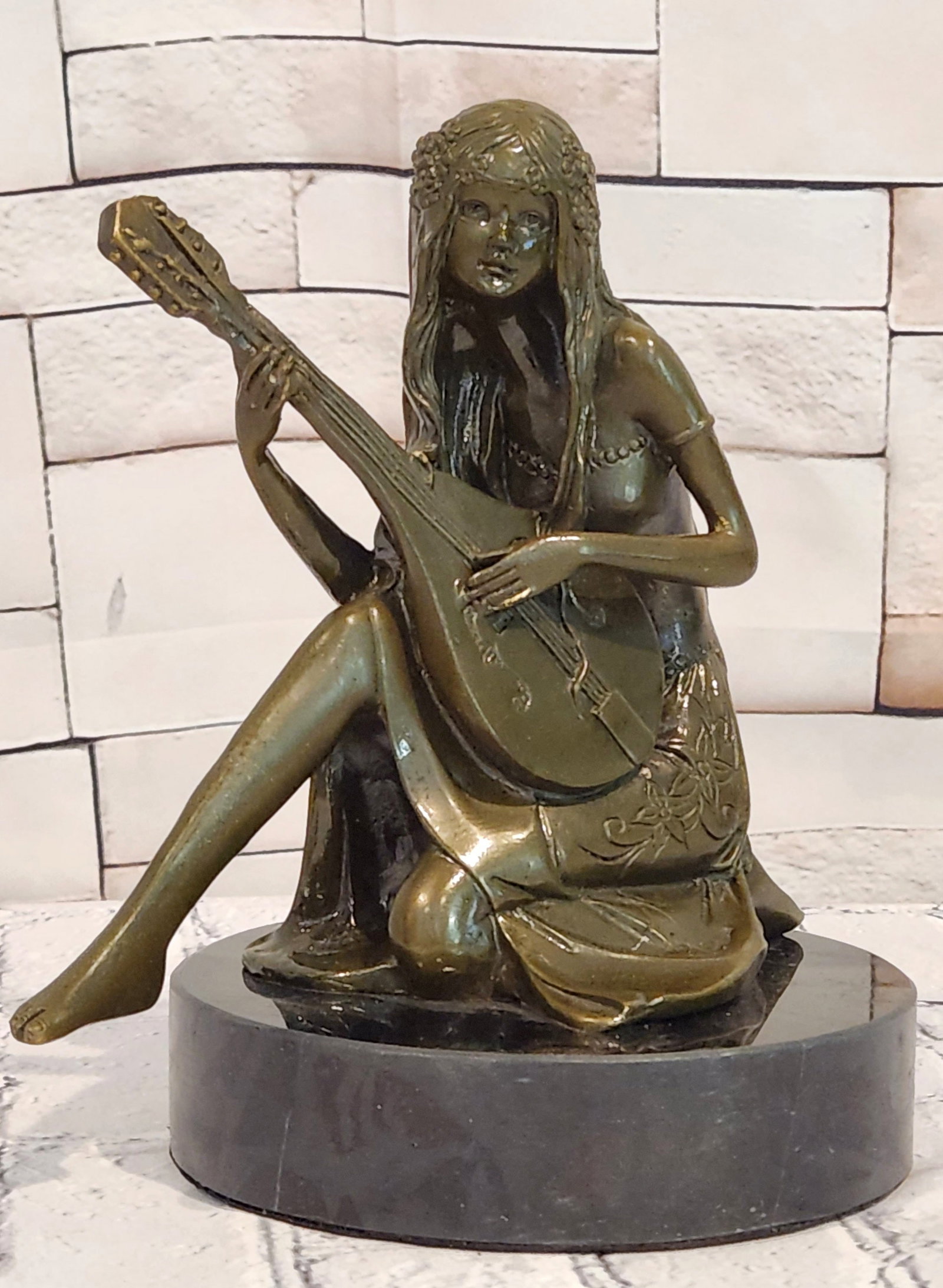 Art Nouveau Bronze Mandolin Player Girl Statue Signed Jean Patoue Sculpture: Condition: This sculpture is in perfect condition. Bronze Dimensions with Marble Base: Height 8.5" X Width 7" Marble Dimensions: Diameter 5.5" Height without base:7.5" Weight:6 LBS Inventory:31GTS218-