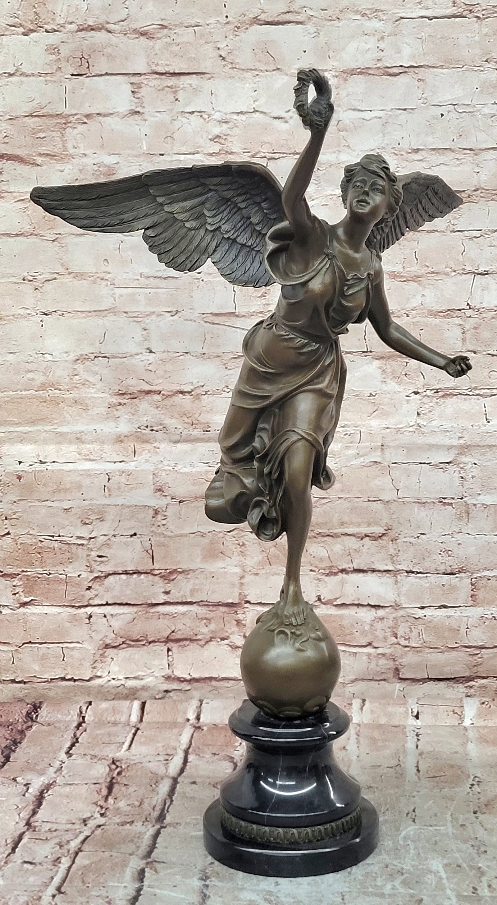 Bronze Victory Angel Nike Sculpture Signed Moreau Mythological Art Figurine: Condition: This sculpture is in perfect condition. Bronze Dimensions with Marble Base: Height 24.5" X Width 16.5" Marble Dimensions: Diameter 6" Height without base:20" Weight:25 LBS Inventory:65EP908