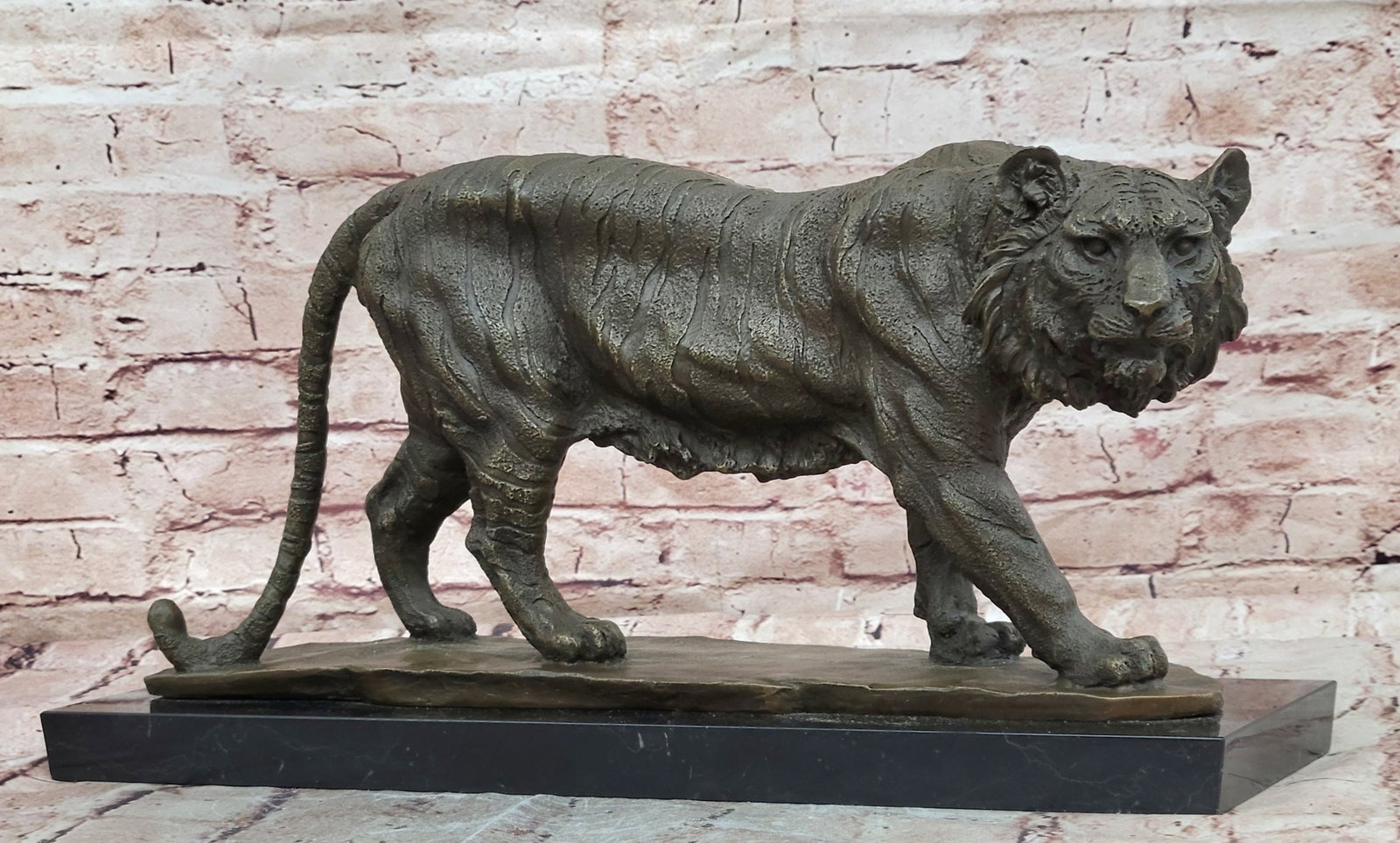Bronze Wildlife Tiger Figurine Stalking Pose Milo Sculpture Home Decor Art: Condition: This sculpture is in perfect condition Bronze Dimensions with Marble Base: Height 9.5" X Width 18" Marble Dimensions:18" X 5.5" Height without base:8.5" Weight:26 LBS Inventory:28AL21517682
