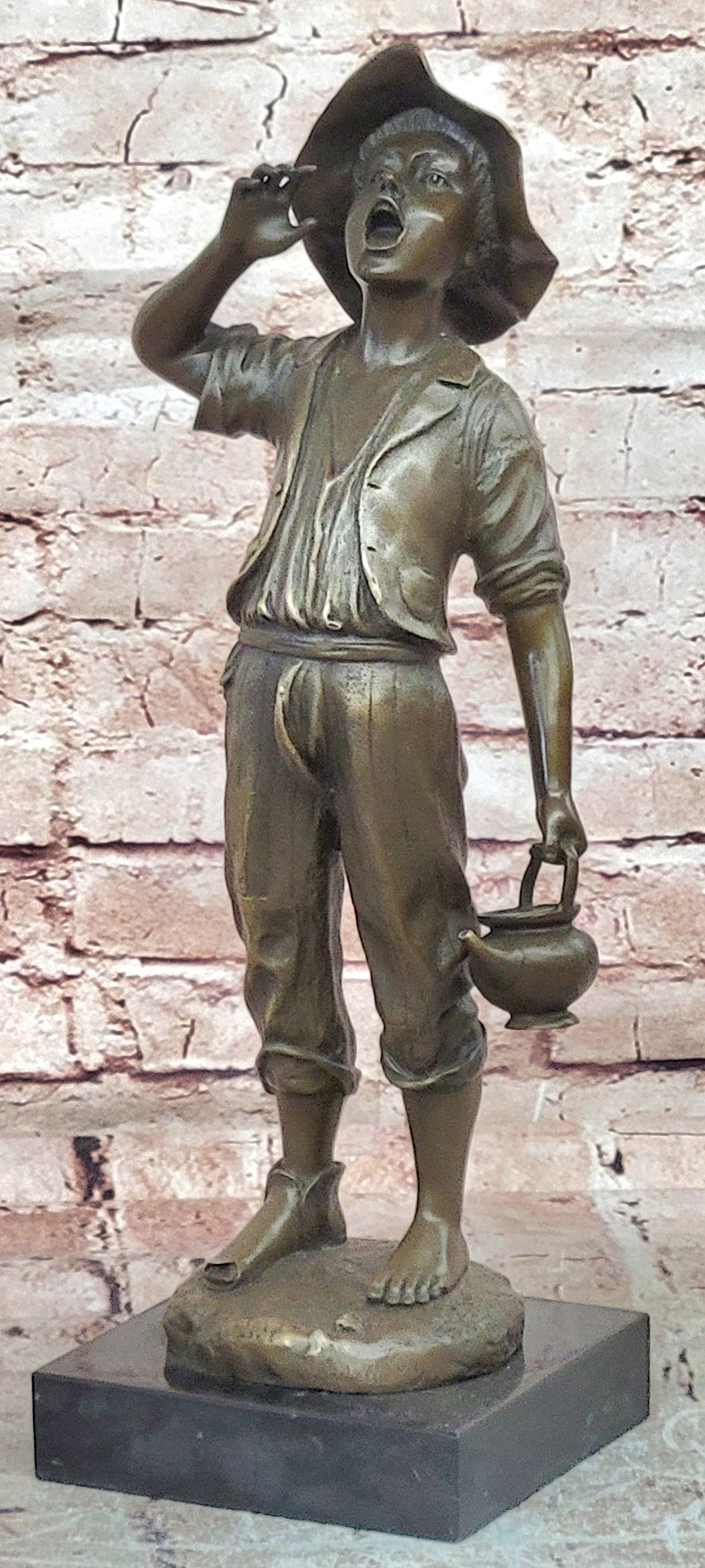 Classical Bronze Child Sculpture Boy Shouting with Water Jug Statue Art: Condition: This sculpture is in perfect condition. Bronze Dimensions with Marble Base: Height 17" X Width 5.5" Marble Dimensions:5.5" X 5.5" Height without base:15.5" Weight:12LBS Inventory:27EP283987