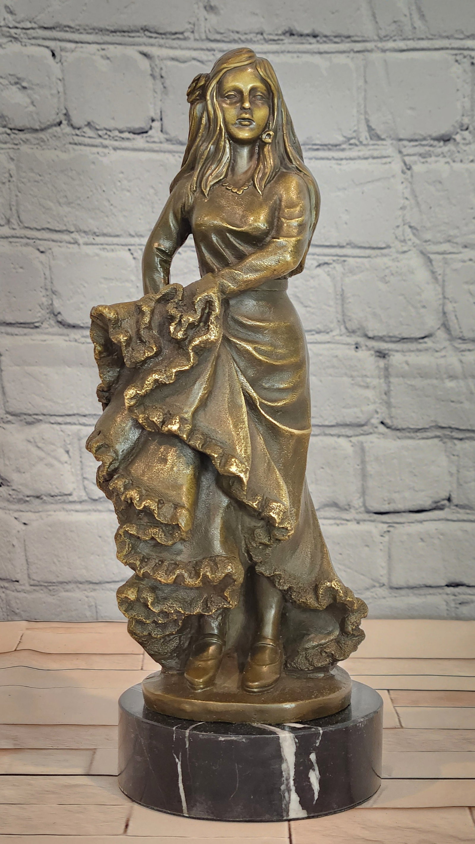 Signed Bronze Flamenco Performer Figurine Latin Woman Dance Statue Decor: Condition: This sculpture is in perfect condition. Bronze Dimensions with Marble Base: Height 12" X Width 4" Marble Dimensions: Diameter 4" Height without base:11" Weight:6 LBS Inventory:56GTS2265965 