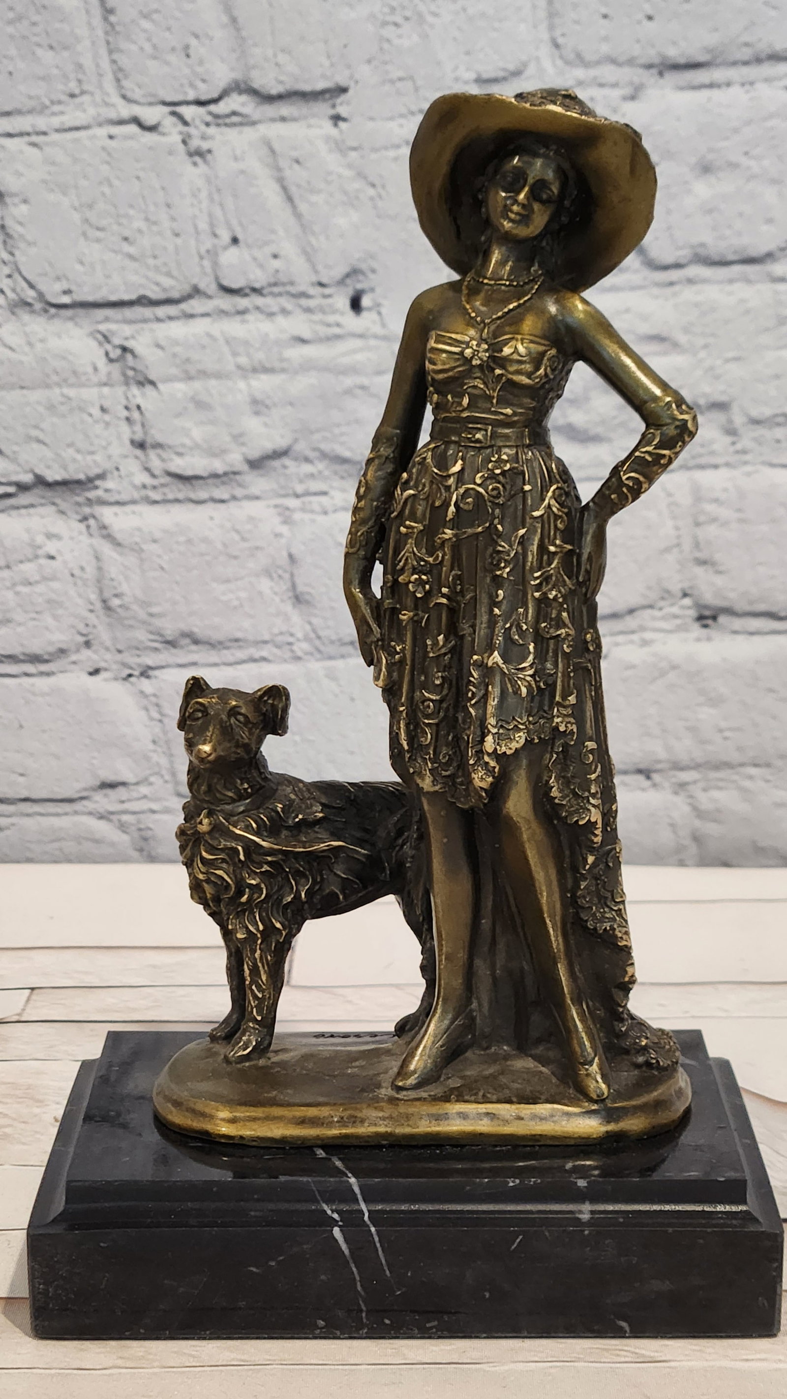 Art Deco Bronze Female with Dog Sculpture Signed Casaro Home Decor Statue: Condition: This sculpture is in perfect condition Bronze Dimensions with Marble Base: Height 9" x Width 5.5" Marble Dimensions: 5.5 X 4" Height without base:8" Weight:5 LBS Inventory:28GTS2355182 This