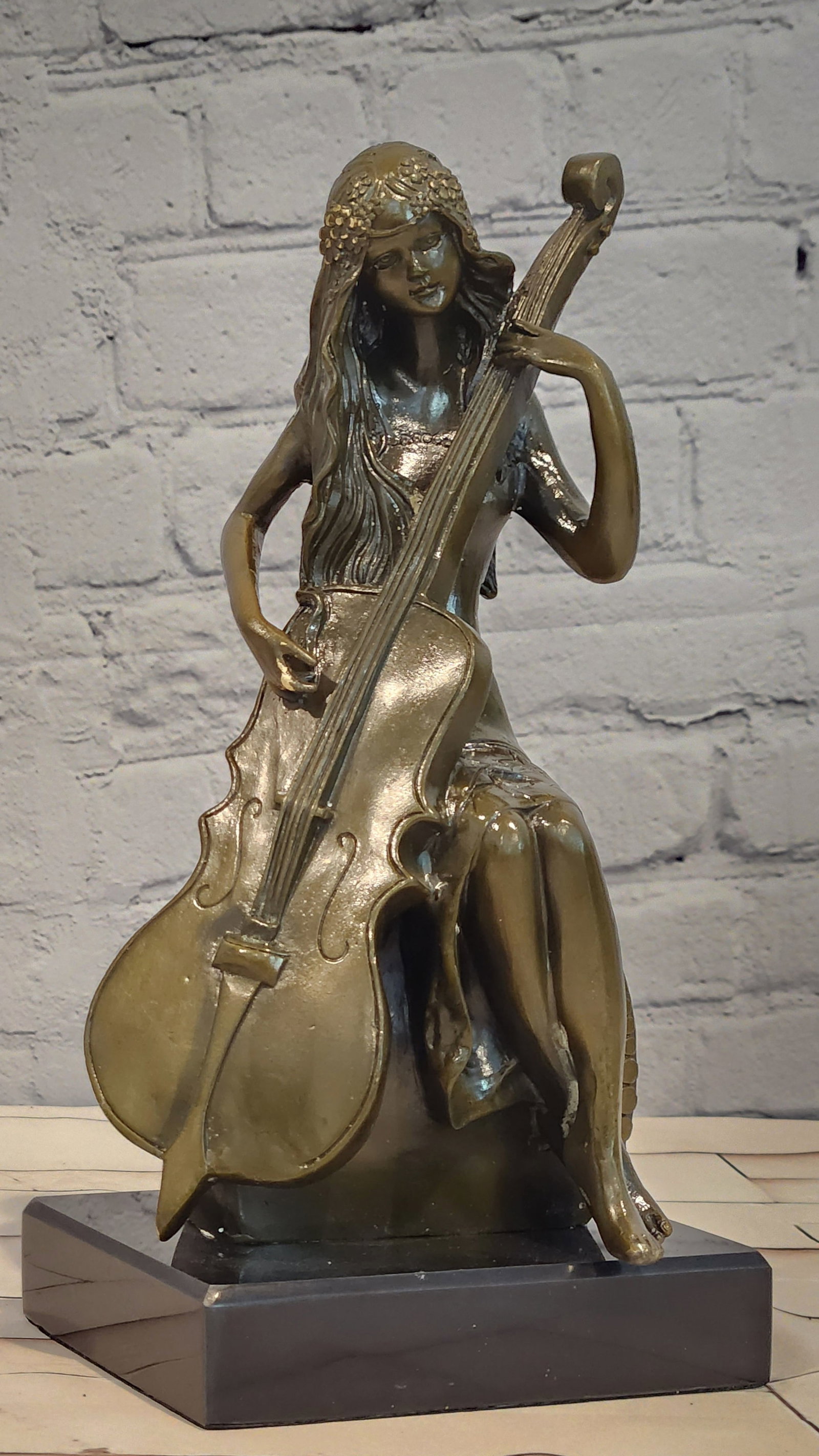 Bronze Female Musician Sculpture Lady Playing Cello Vintage Art Statue: Condition: This sculpture is in perfect condition. Bronze Dimensions with Marble Base: Height 11" X Width 5.5" Marble Dimensions: 5.4" X 4.5" Height without base:10" Weight:7 LBS Inventory:27GTS218-25